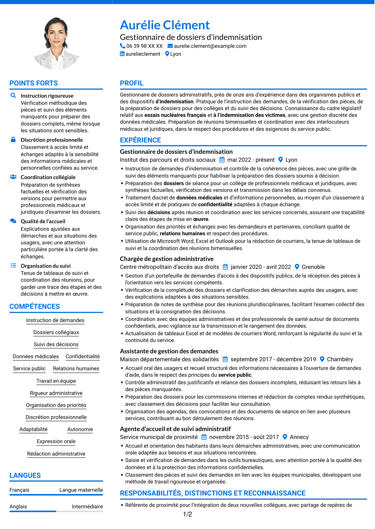 CV Audacieux (format à deux colonnes avec accents colorés et photo) : Gestionnaire de dossiers - Indemnisation des essais nucléaires, page 1