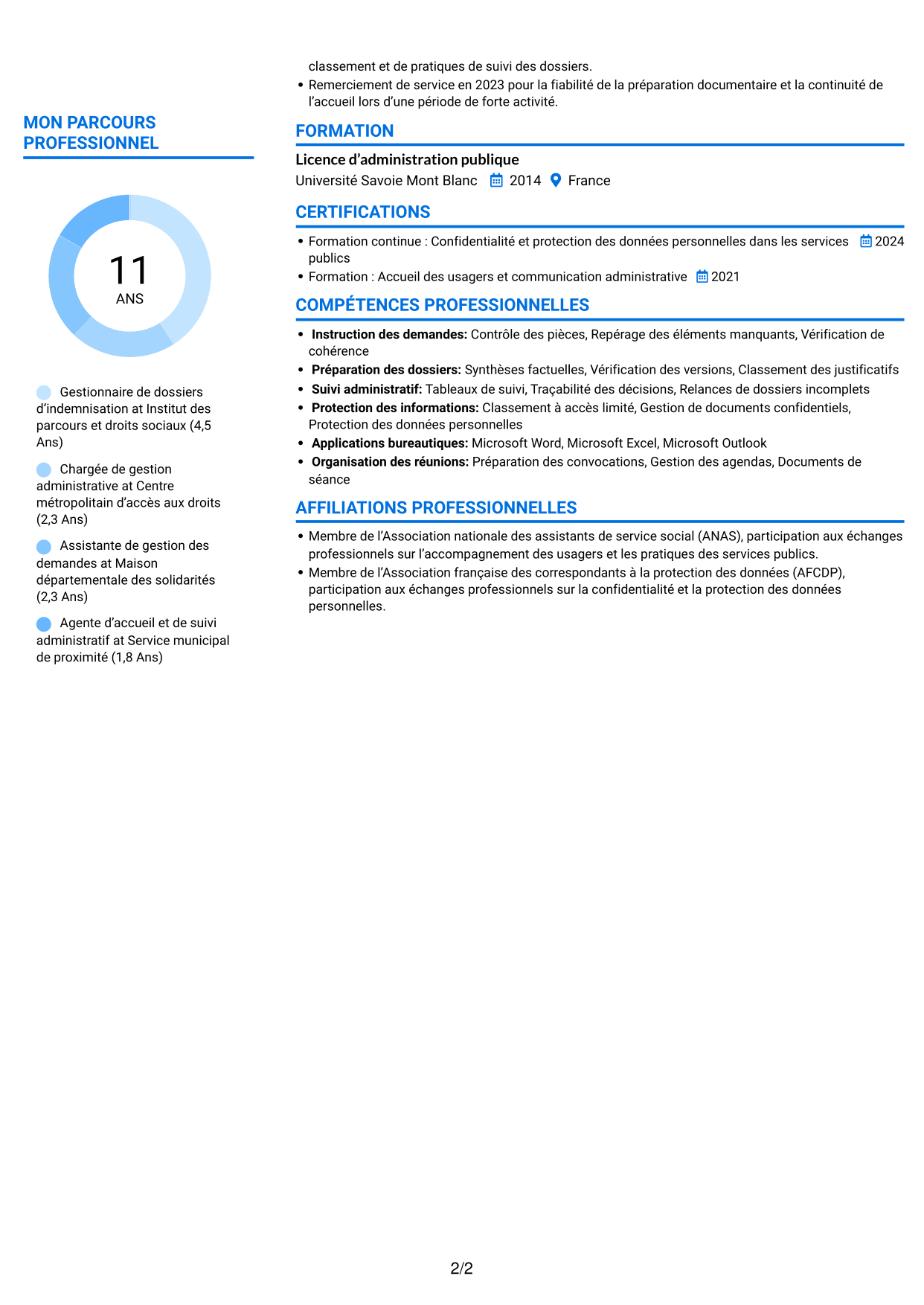 CV Audacieux (format à deux colonnes avec accents colorés et photo) : Gestionnaire de dossiers - Indemnisation des essais nucléaires, page 2