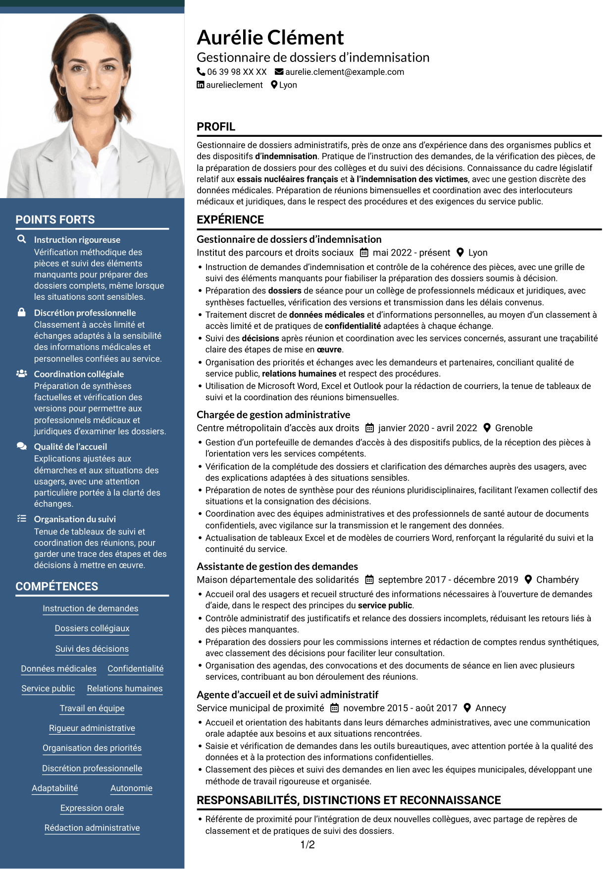 CV Signature (format à colonne latérale colorée avec grande photo) : Gestionnaire de dossiers - Indemnisation des essais nucléaires, page 1