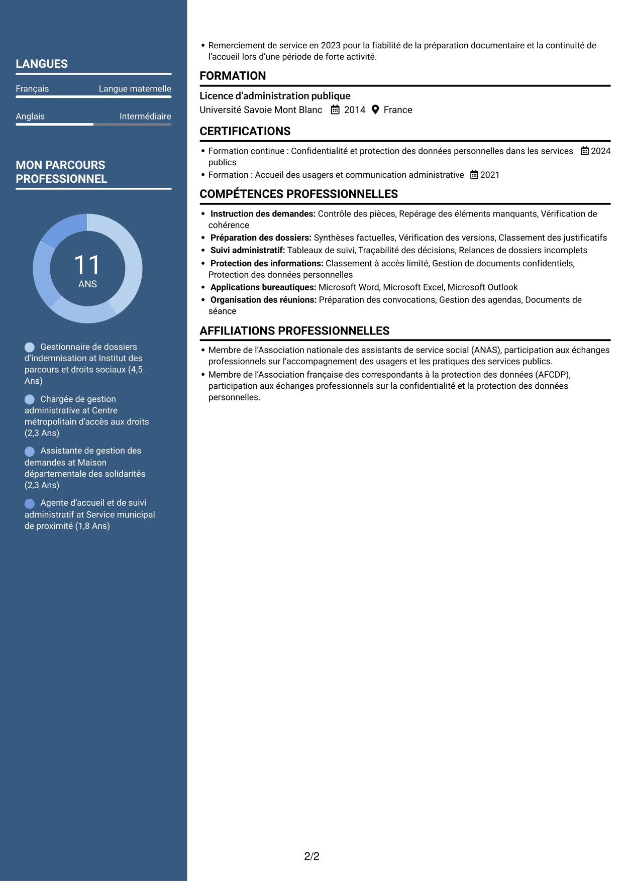 CV Signature (format à colonne latérale colorée avec grande photo) : Gestionnaire de dossiers - Indemnisation des essais nucléaires, page 2