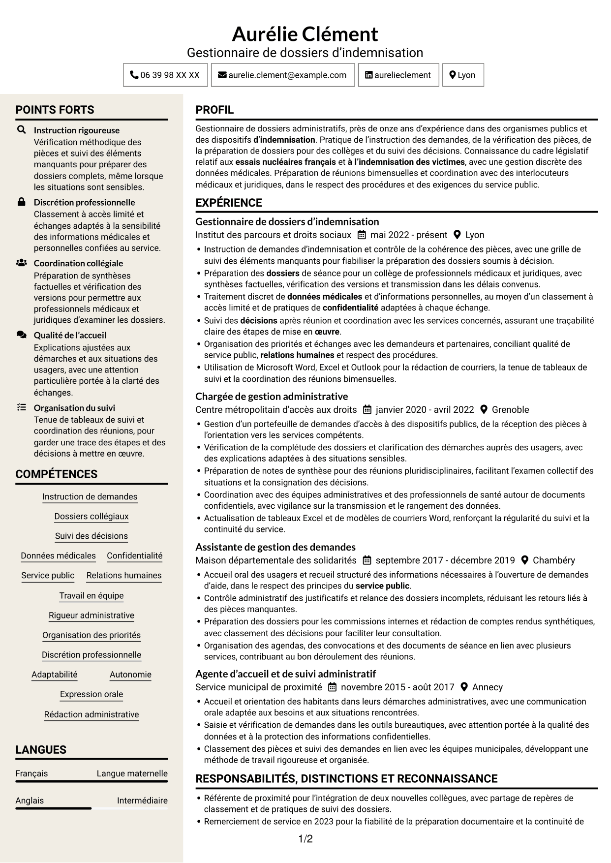 CV Fonceur (format à deux colonnes avec en-tête centré sans photo) : Gestionnaire de dossiers - Indemnisation des essais nucléaires, page 1