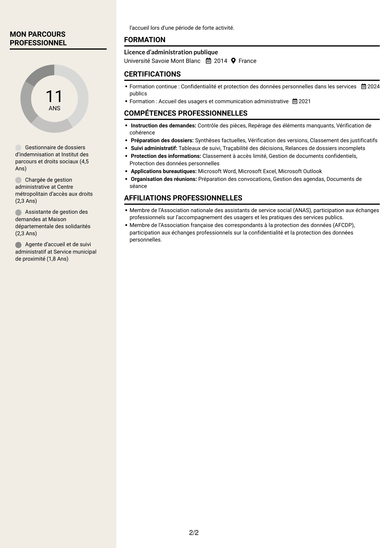 CV Fonceur (format à deux colonnes avec en-tête centré sans photo) : Gestionnaire de dossiers - Indemnisation des essais nucléaires, page 2