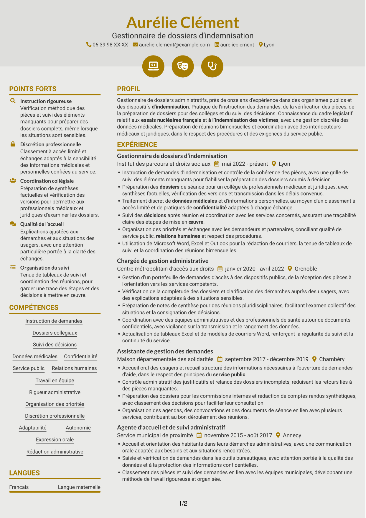 CV Dynamique (format à deux colonnes avec icônes) : Gestionnaire de dossiers - Indemnisation des essais nucléaires, page 1