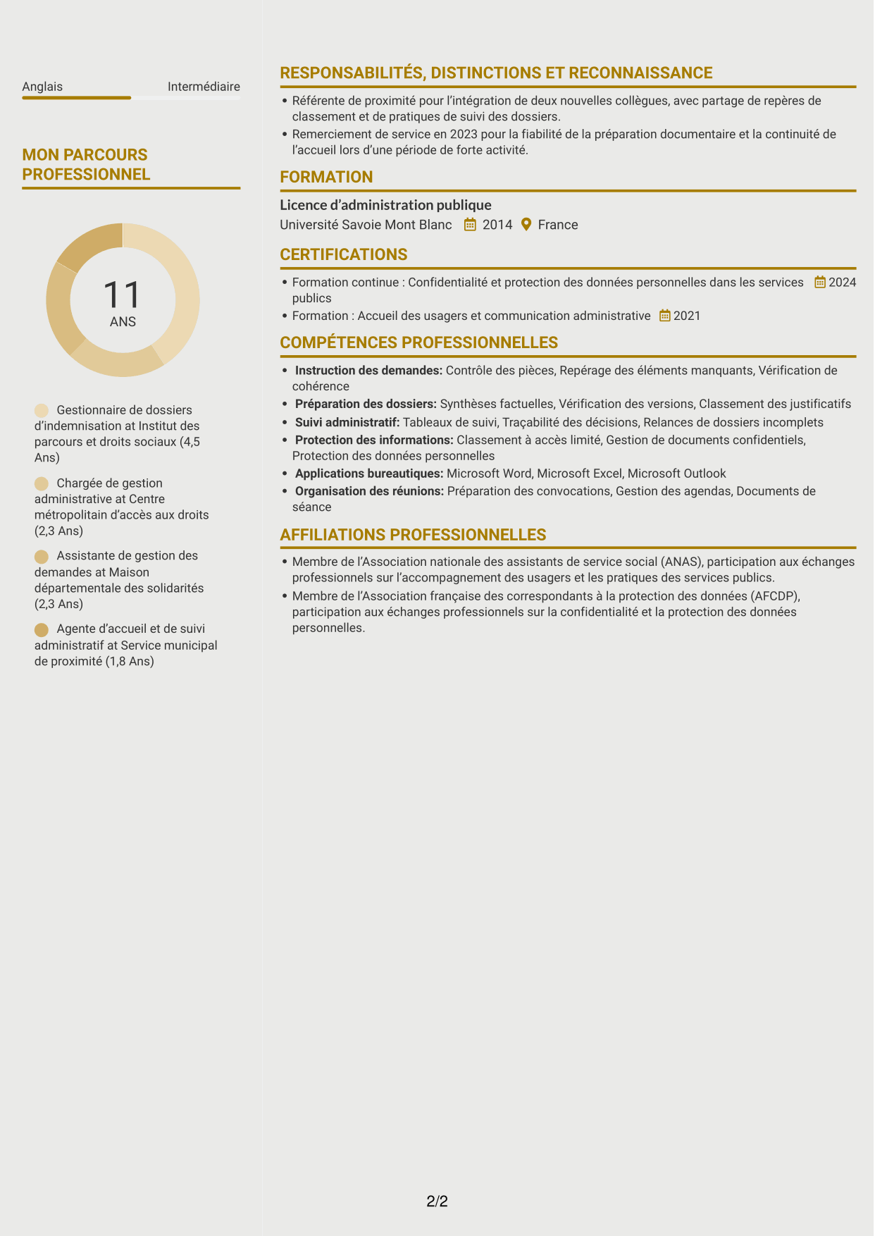 CV Dynamique (format à deux colonnes avec icônes) : Gestionnaire de dossiers - Indemnisation des essais nucléaires, page 2