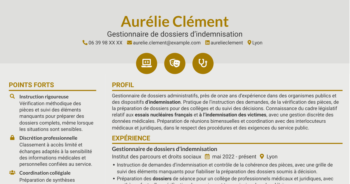 7 modèles de CV pour Gestionnaire de dossiers - Indemnisation des essais nucléaires, avec exemples
