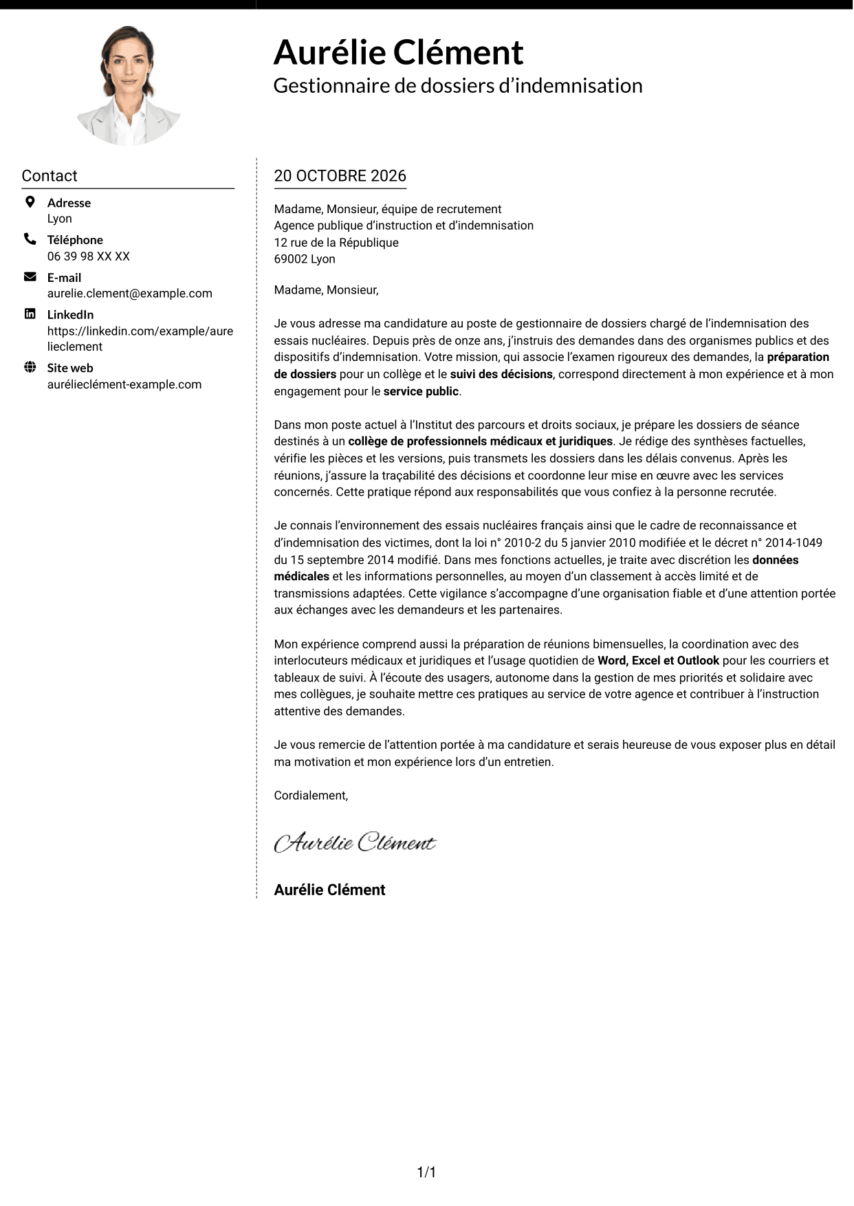Lettre de motivation Moderne (format à deux colonnes avec photo à gauche et séparateur) : Gestionnaire de dossiers - Indemnisation des essais nucléaires, page 1