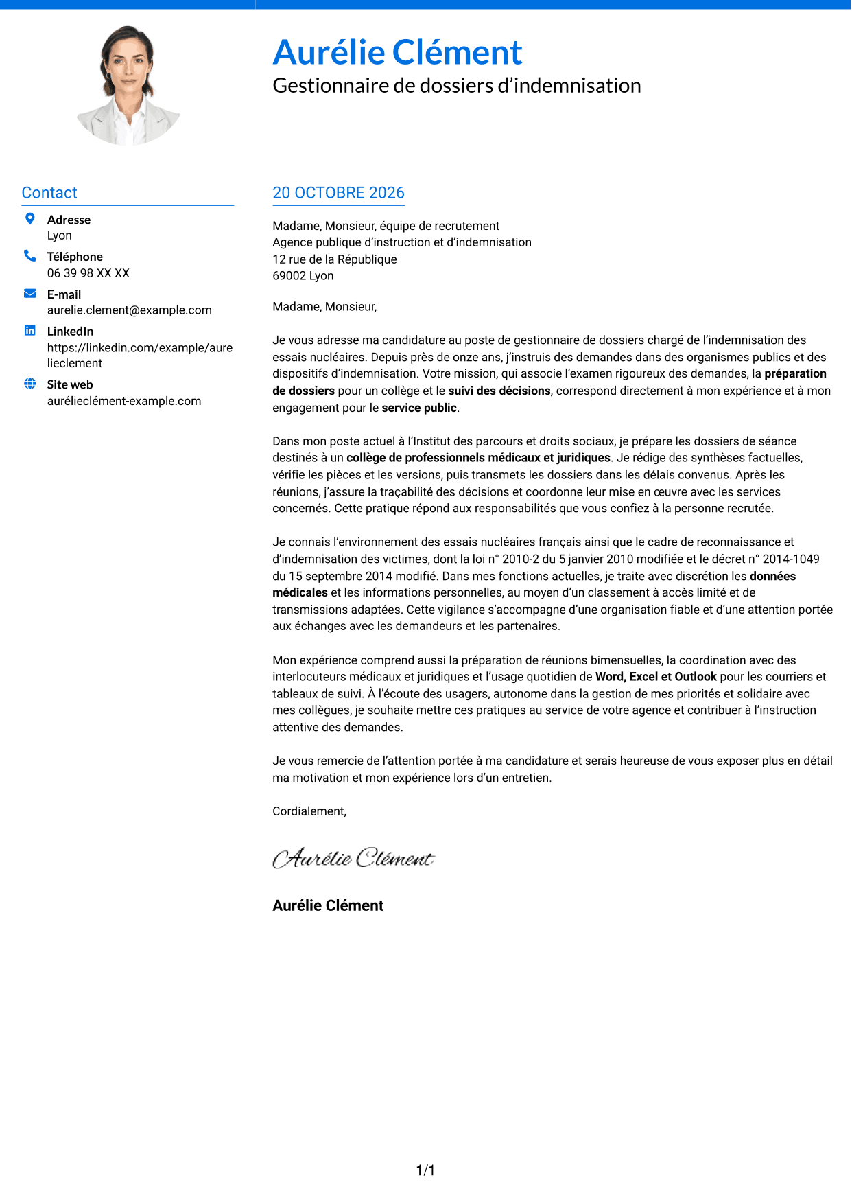 Lettre de motivation Audacieux (format à deux colonnes avec accents colorés et photo) : Gestionnaire de dossiers - Indemnisation des essais nucléaires, page 1