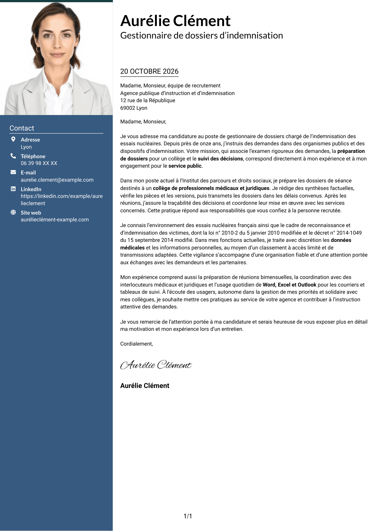 Lettre de motivation Signature (format à colonne latérale colorée avec grande photo) : Gestionnaire de dossiers - Indemnisation des essais nucléaires, page 1