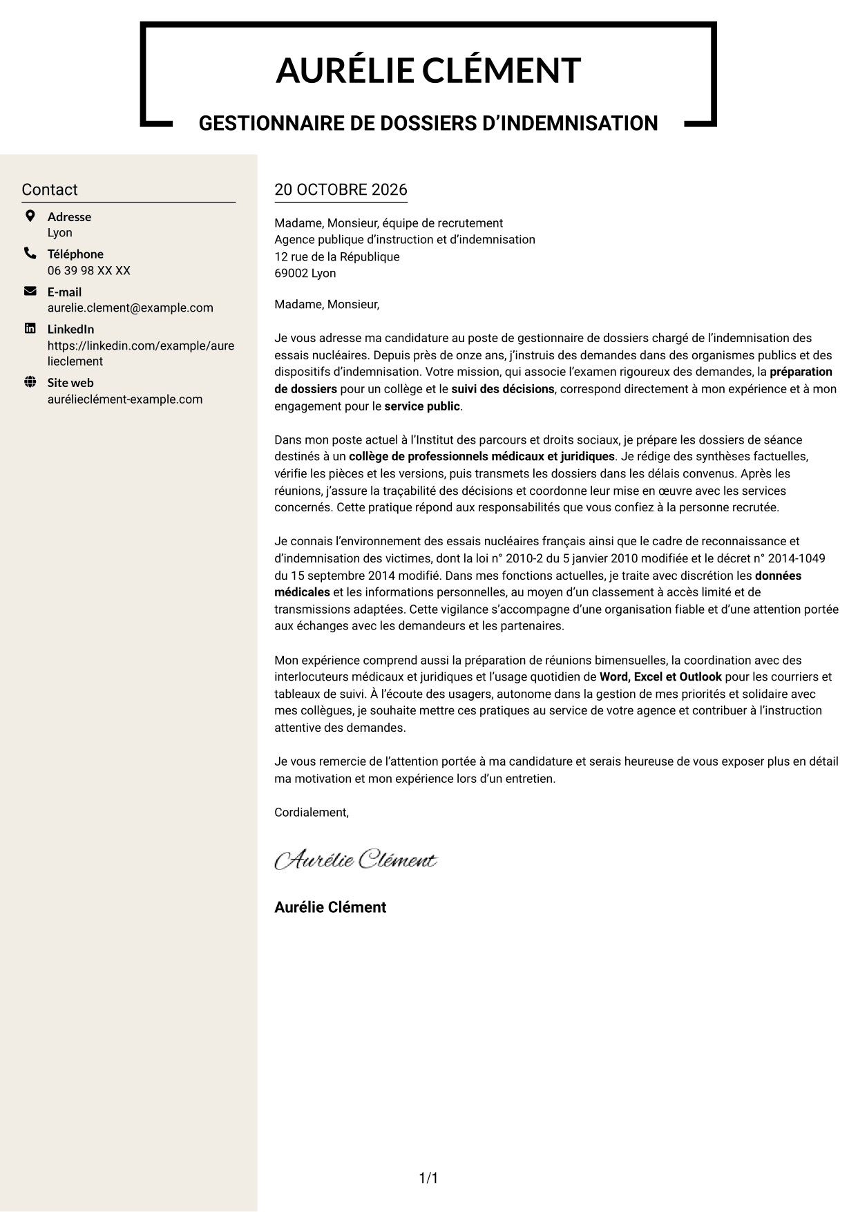 Lettre de motivation Fonceur (format à deux colonnes avec en-tête centré sans photo) : Gestionnaire de dossiers - Indemnisation des essais nucléaires, page 1