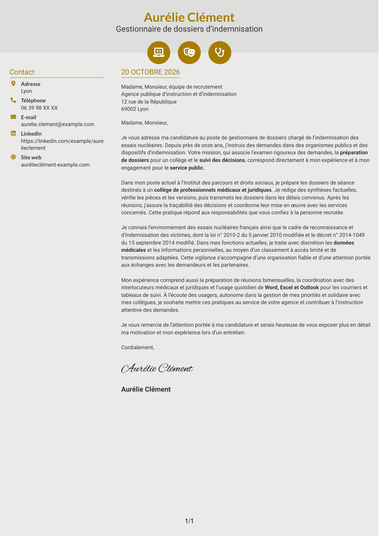Lettre de motivation Dynamique (format à deux colonnes avec icônes) : Gestionnaire de dossiers - Indemnisation des essais nucléaires, page 1