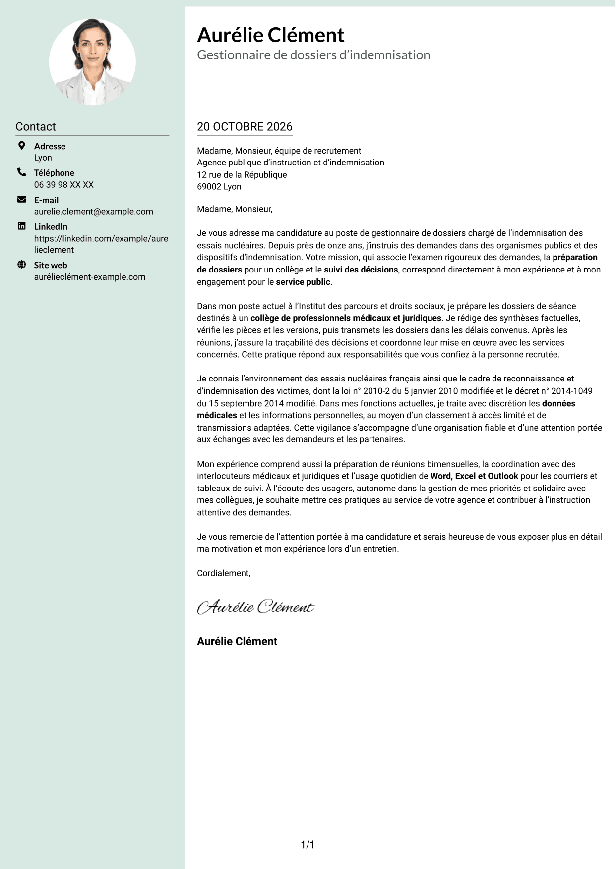 Lettre de motivation Cadre (format à colonne latérale douce avec photo arrondie) : Gestionnaire de dossiers - Indemnisation des essais nucléaires, page 1