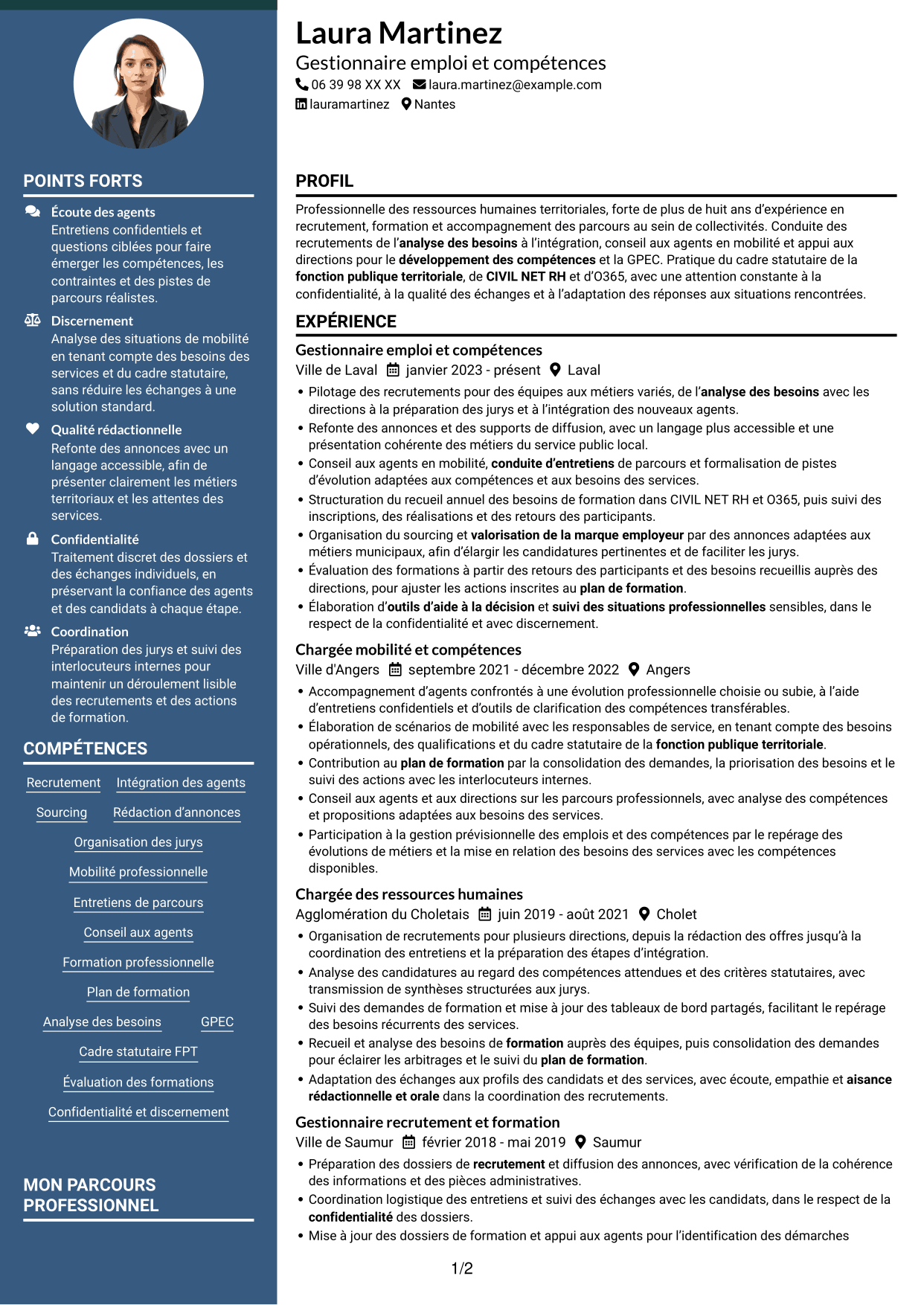 CV Élégant (format à colonne latérale colorée avec photo) : Gestionnaire emploi et compétences - Recrutement et formation, page 1