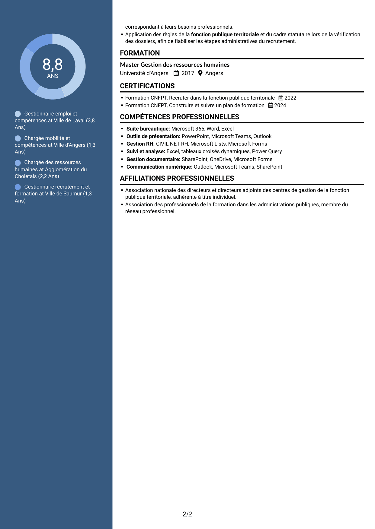 CV Élégant (format à colonne latérale colorée avec photo) : Gestionnaire emploi et compétences - Recrutement et formation, page 2
