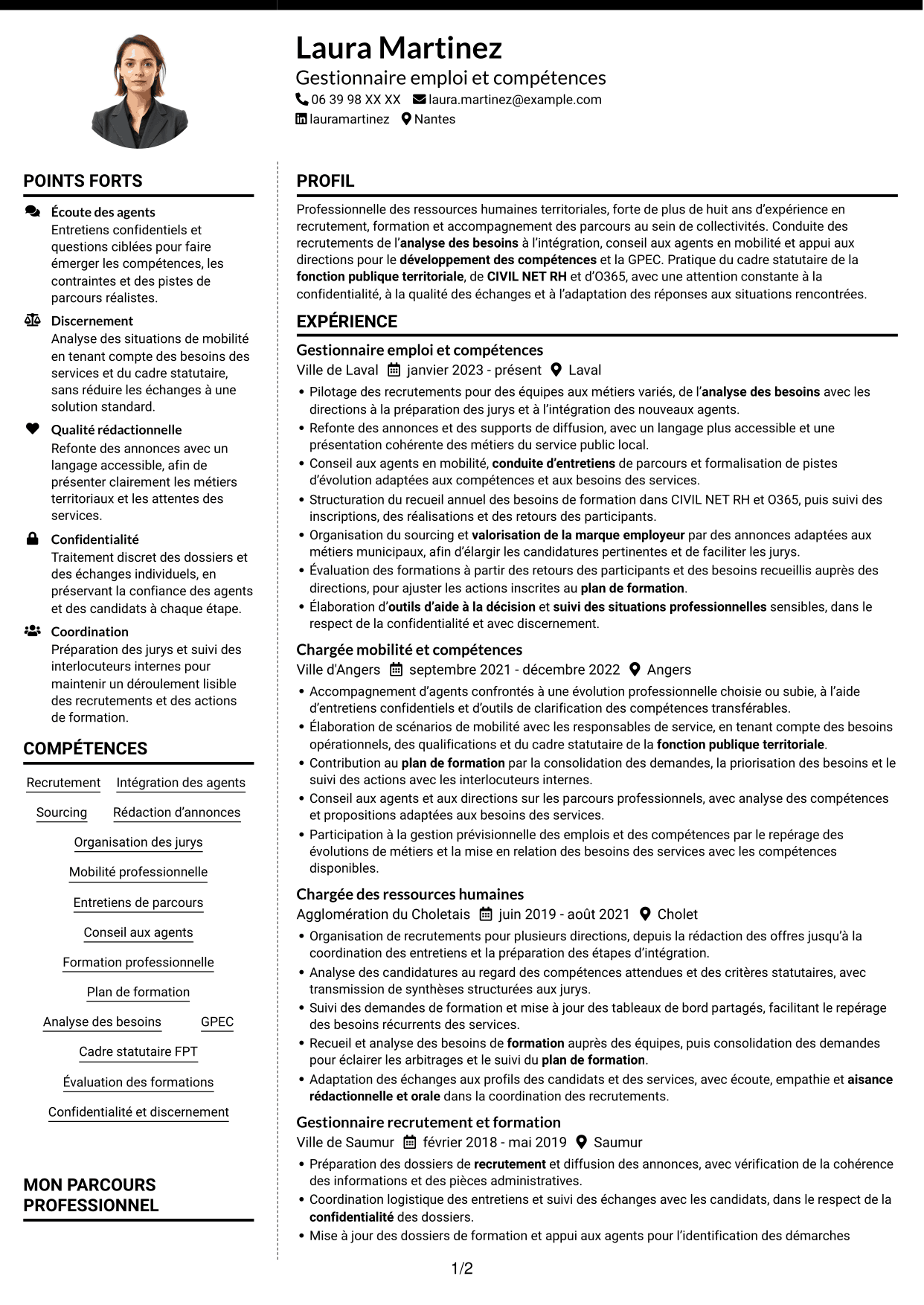 CV Moderne (format à deux colonnes avec photo à gauche et séparateur) : Gestionnaire emploi et compétences - Recrutement et formation, page 1