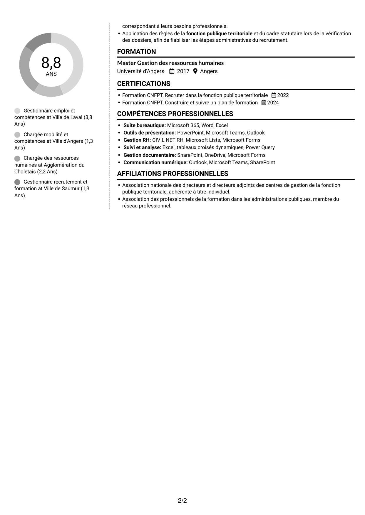 CV Moderne (format à deux colonnes avec photo à gauche et séparateur) : Gestionnaire emploi et compétences - Recrutement et formation, page 2