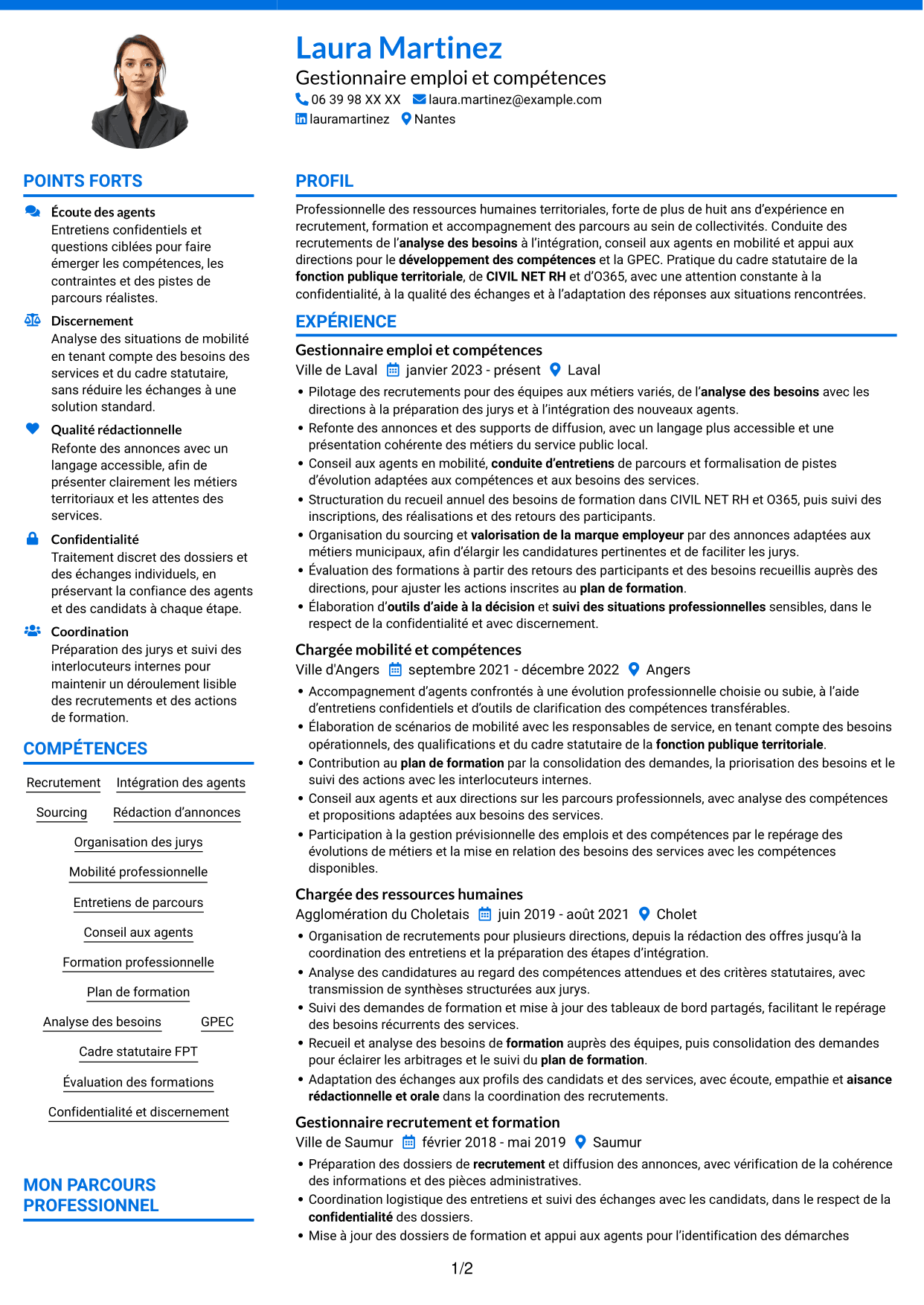 CV Audacieux (format à deux colonnes avec accents colorés et photo) : Gestionnaire emploi et compétences - Recrutement et formation, page 1