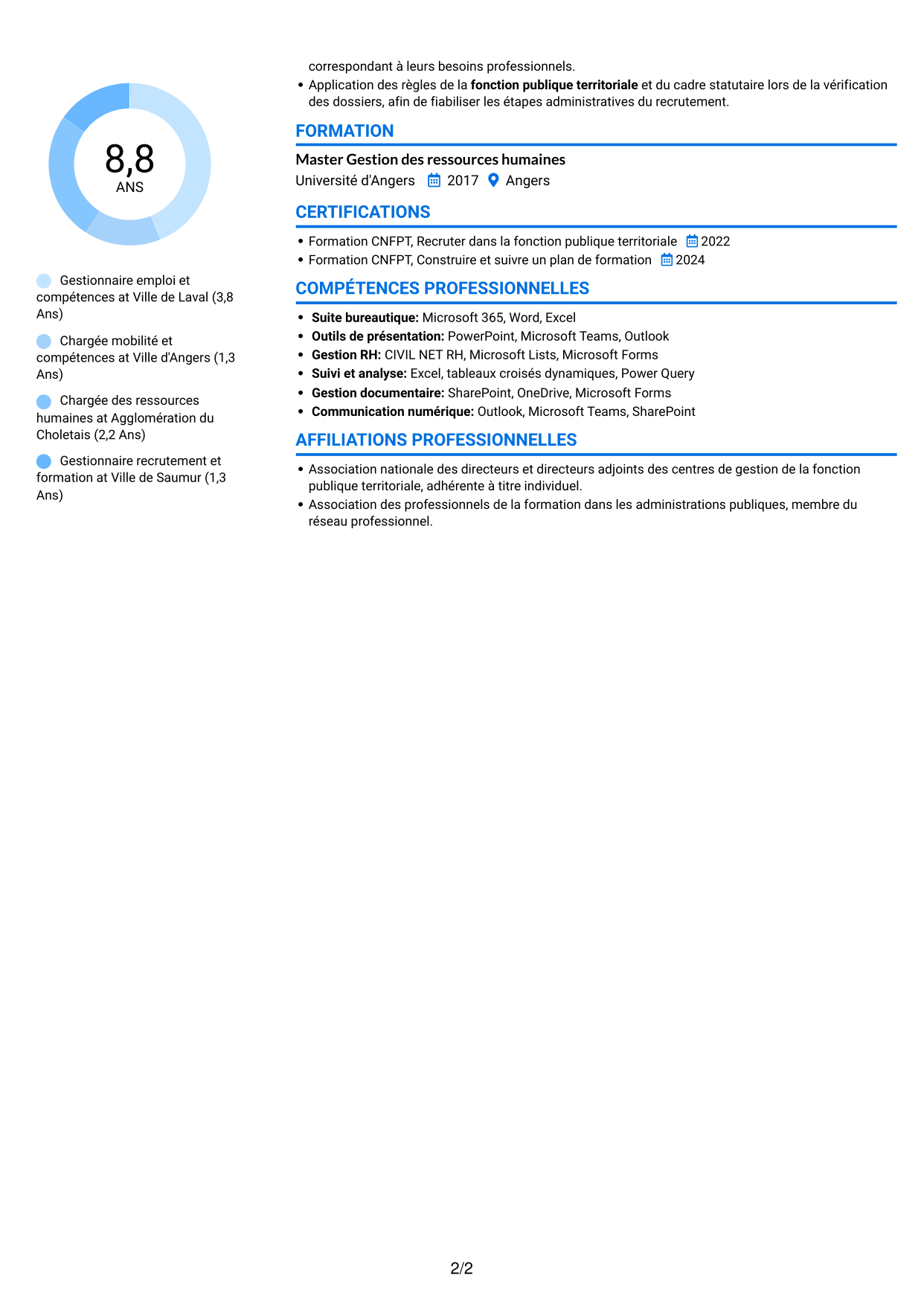 CV Audacieux (format à deux colonnes avec accents colorés et photo) : Gestionnaire emploi et compétences - Recrutement et formation, page 2