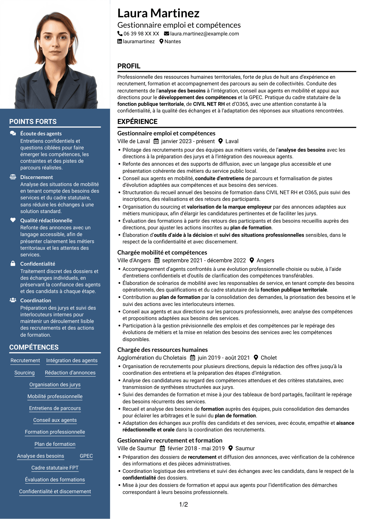 CV Signature (format à colonne latérale colorée avec grande photo) : Gestionnaire emploi et compétences - Recrutement et formation, page 1