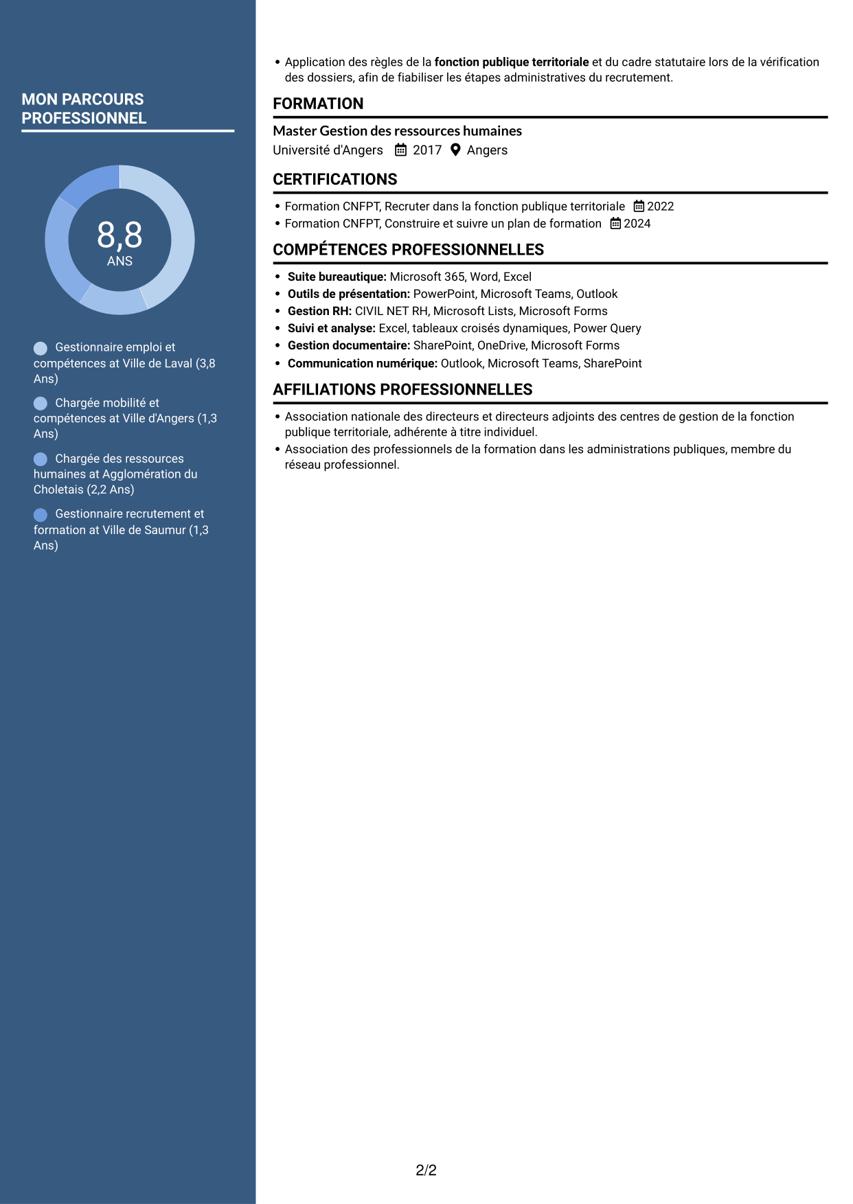 CV Signature (format à colonne latérale colorée avec grande photo) : Gestionnaire emploi et compétences - Recrutement et formation, page 2