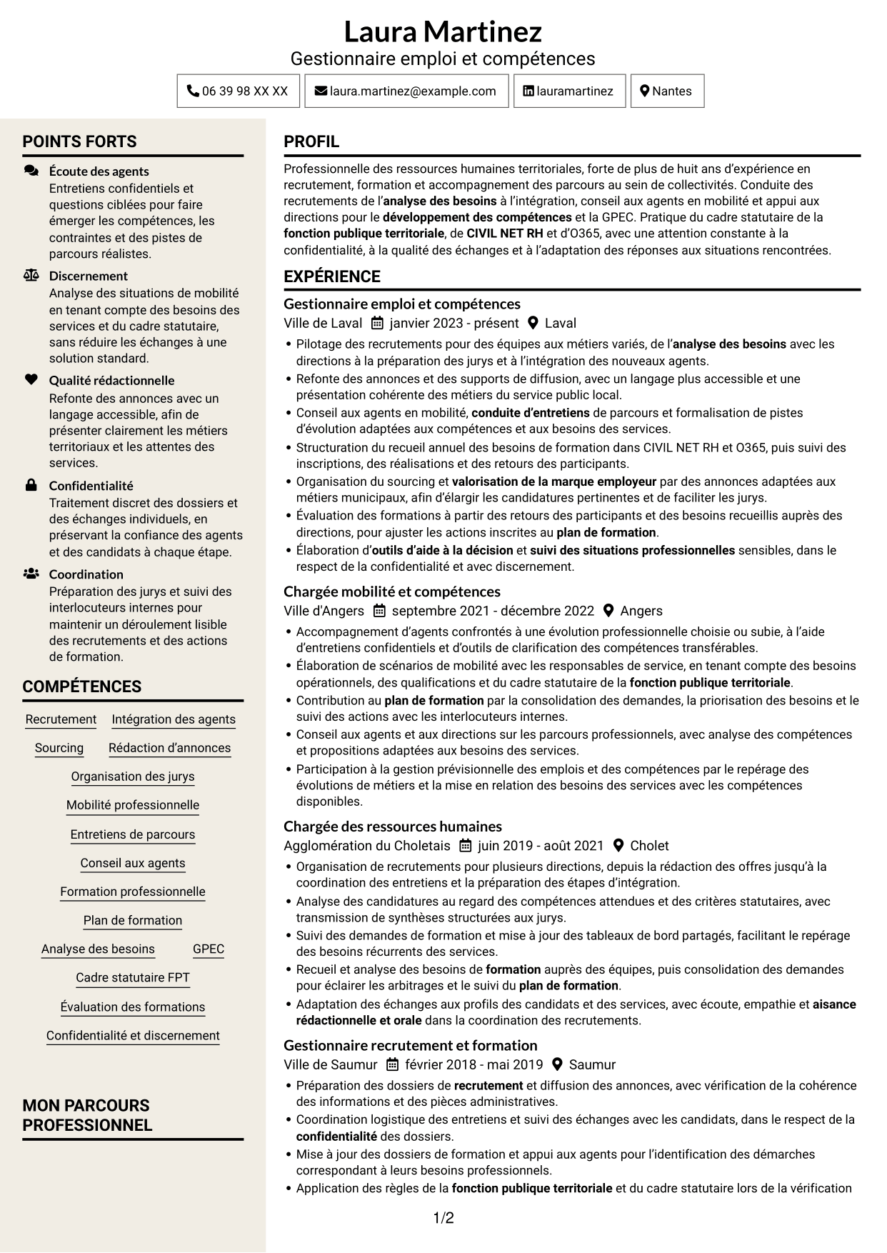 CV Fonceur (format à deux colonnes avec en-tête centré sans photo) : Gestionnaire emploi et compétences - Recrutement et formation, page 1