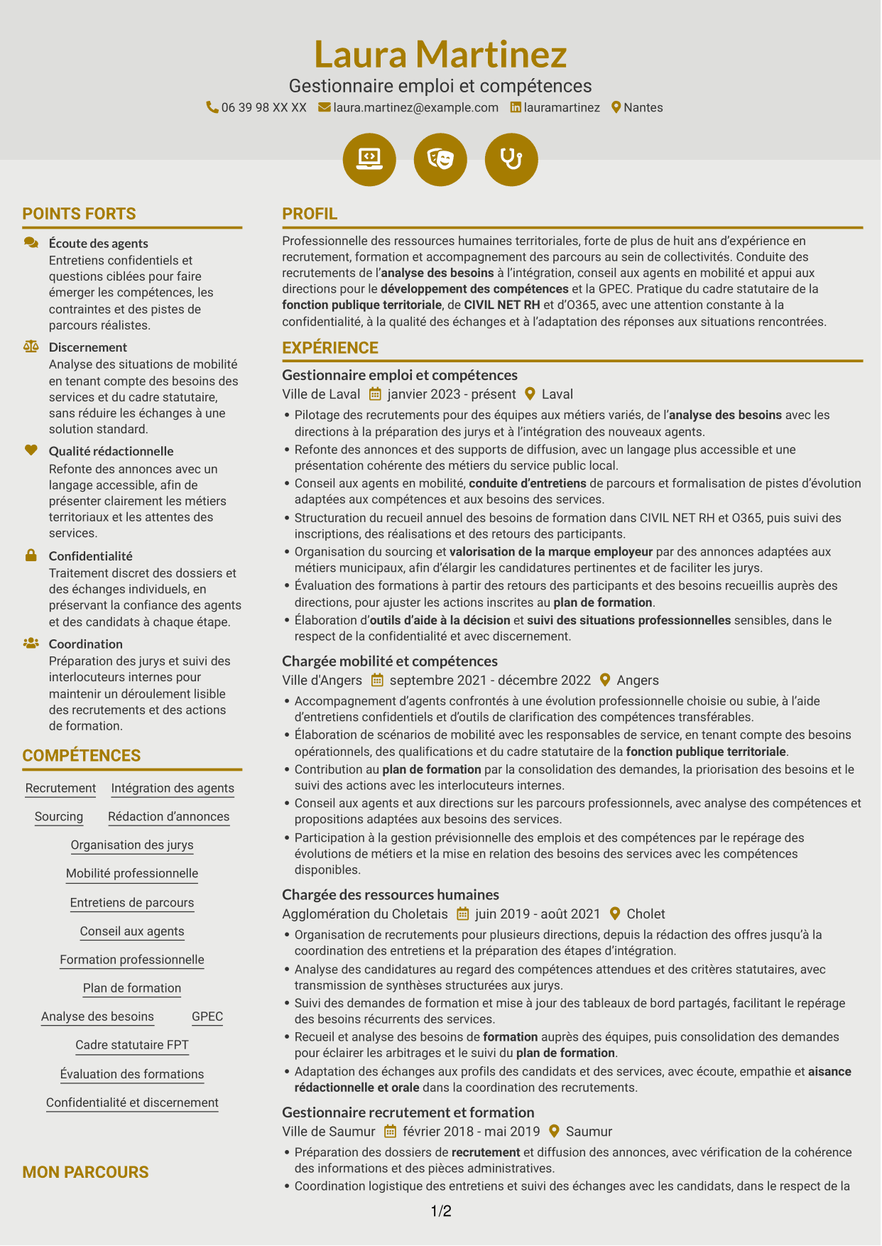CV Dynamique (format à deux colonnes avec icônes) : Gestionnaire emploi et compétences - Recrutement et formation, page 1