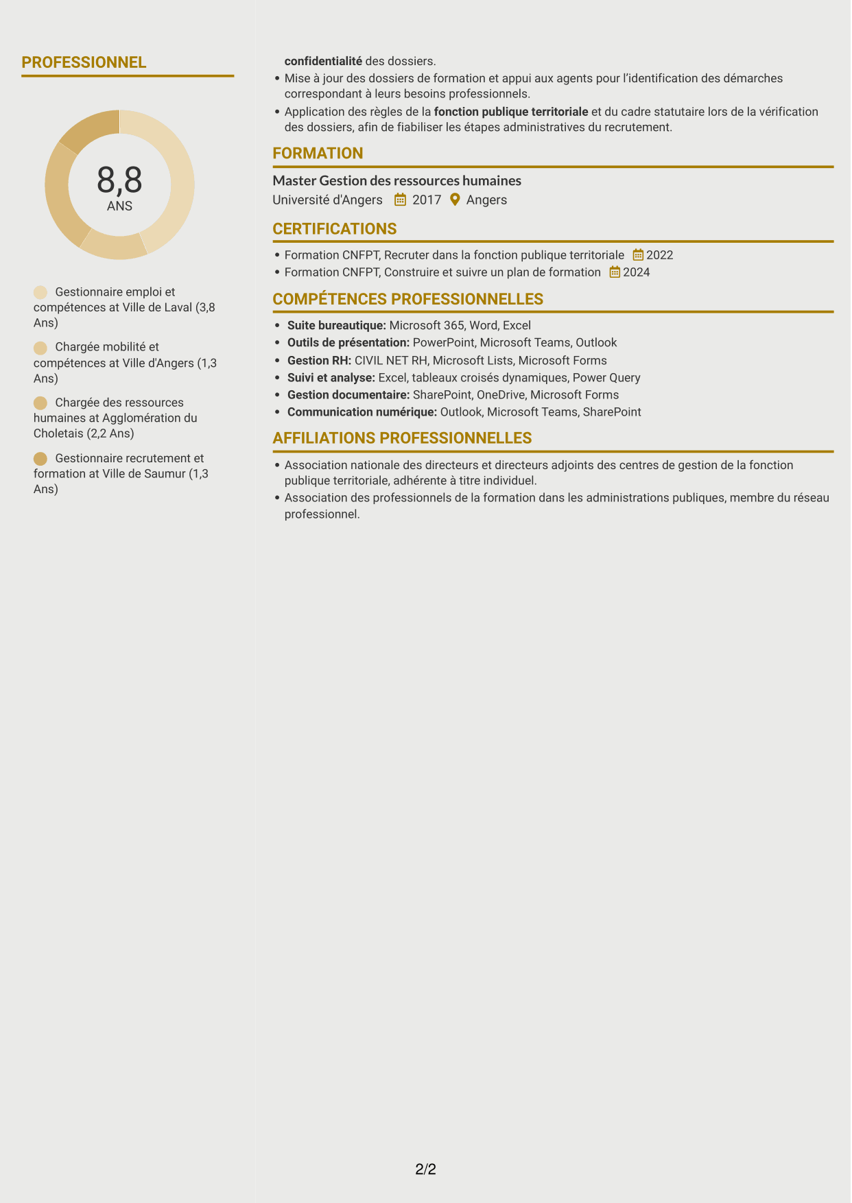 CV Dynamique (format à deux colonnes avec icônes) : Gestionnaire emploi et compétences - Recrutement et formation, page 2