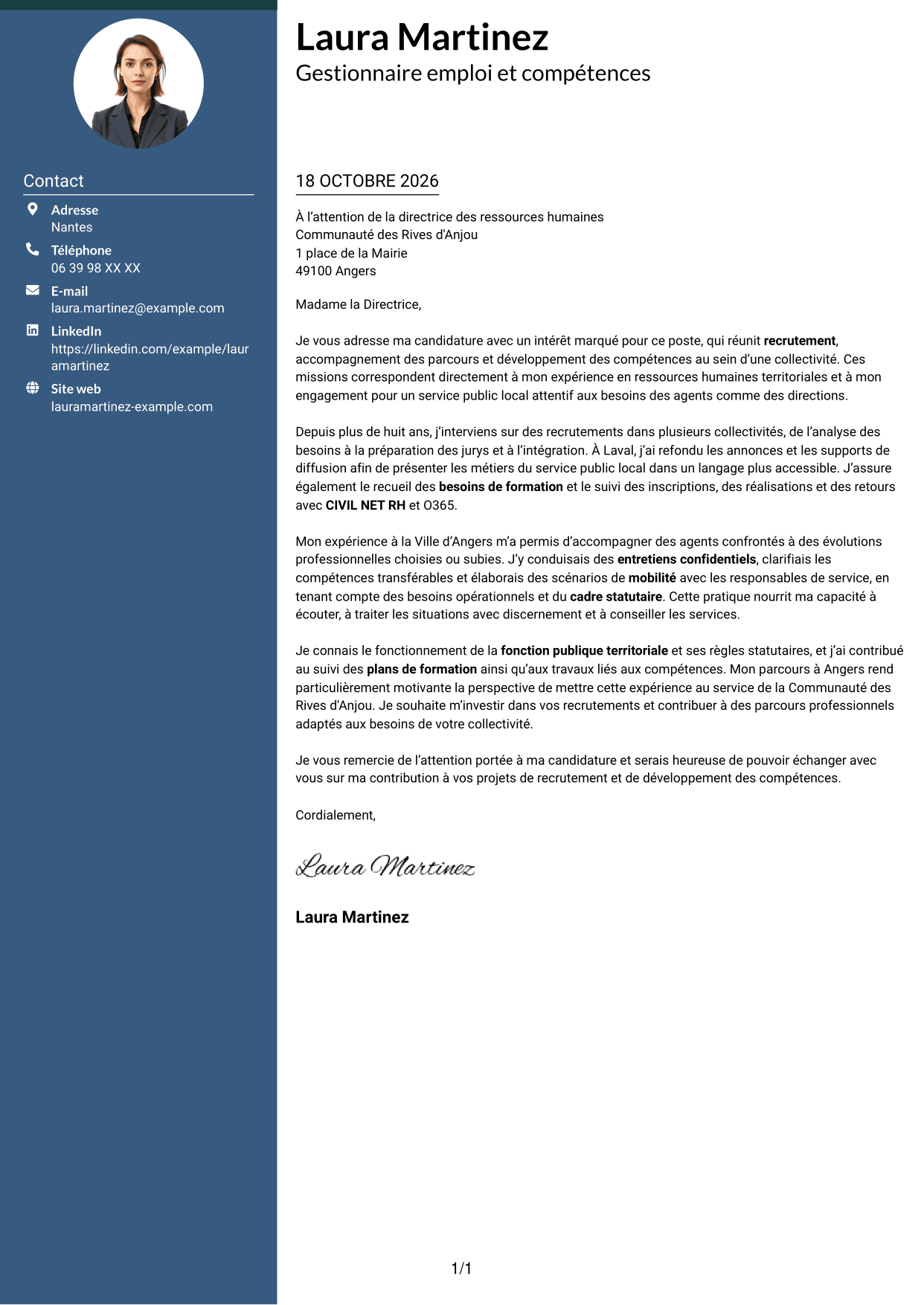 Lettre de motivation Élégant (format à colonne latérale colorée avec photo) : Gestionnaire emploi et compétences - Recrutement et formation, page 1