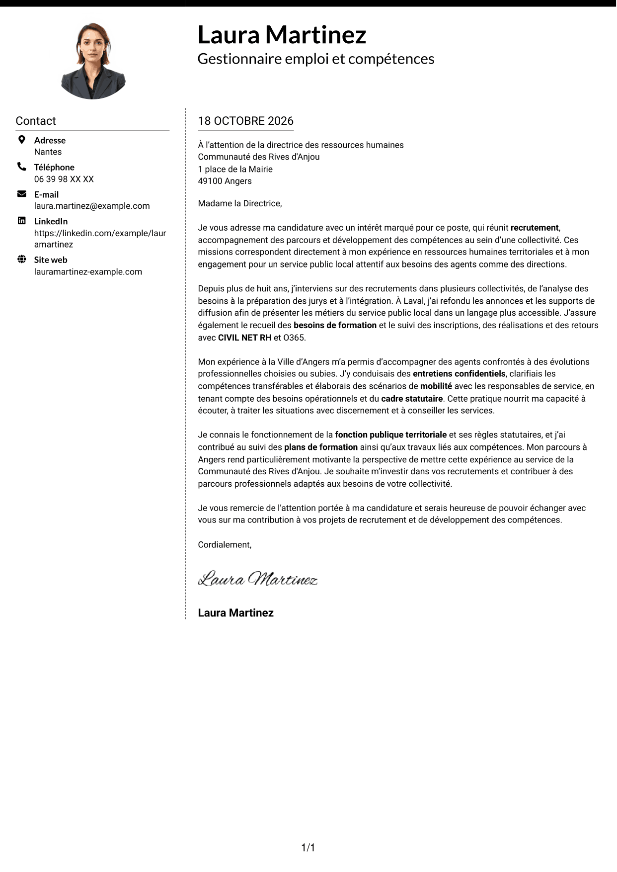 Lettre de motivation Moderne (format à deux colonnes avec photo à gauche et séparateur) : Gestionnaire emploi et compétences - Recrutement et formation, page 1