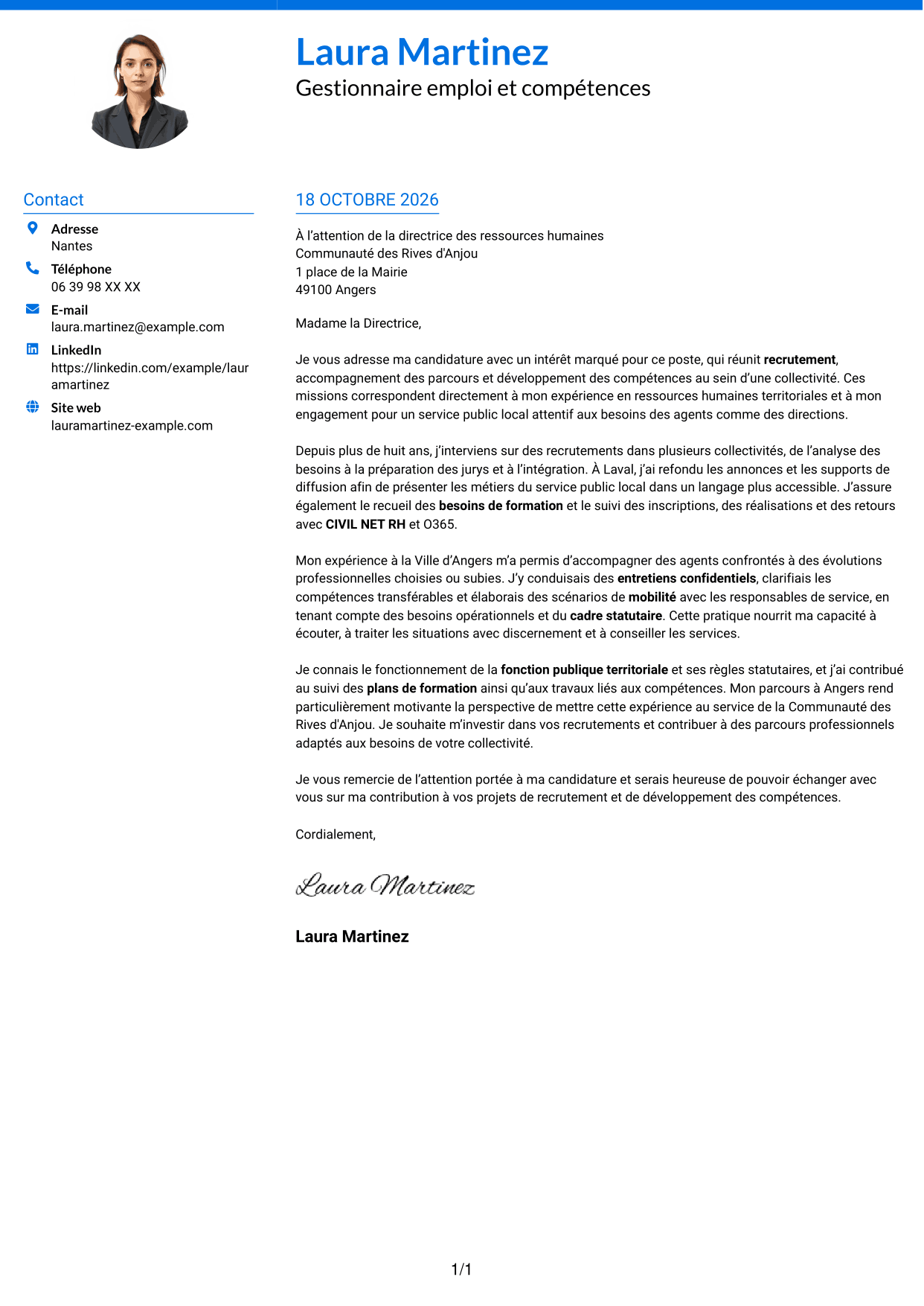 Lettre de motivation Audacieux (format à deux colonnes avec accents colorés et photo) : Gestionnaire emploi et compétences - Recrutement et formation, page 1
