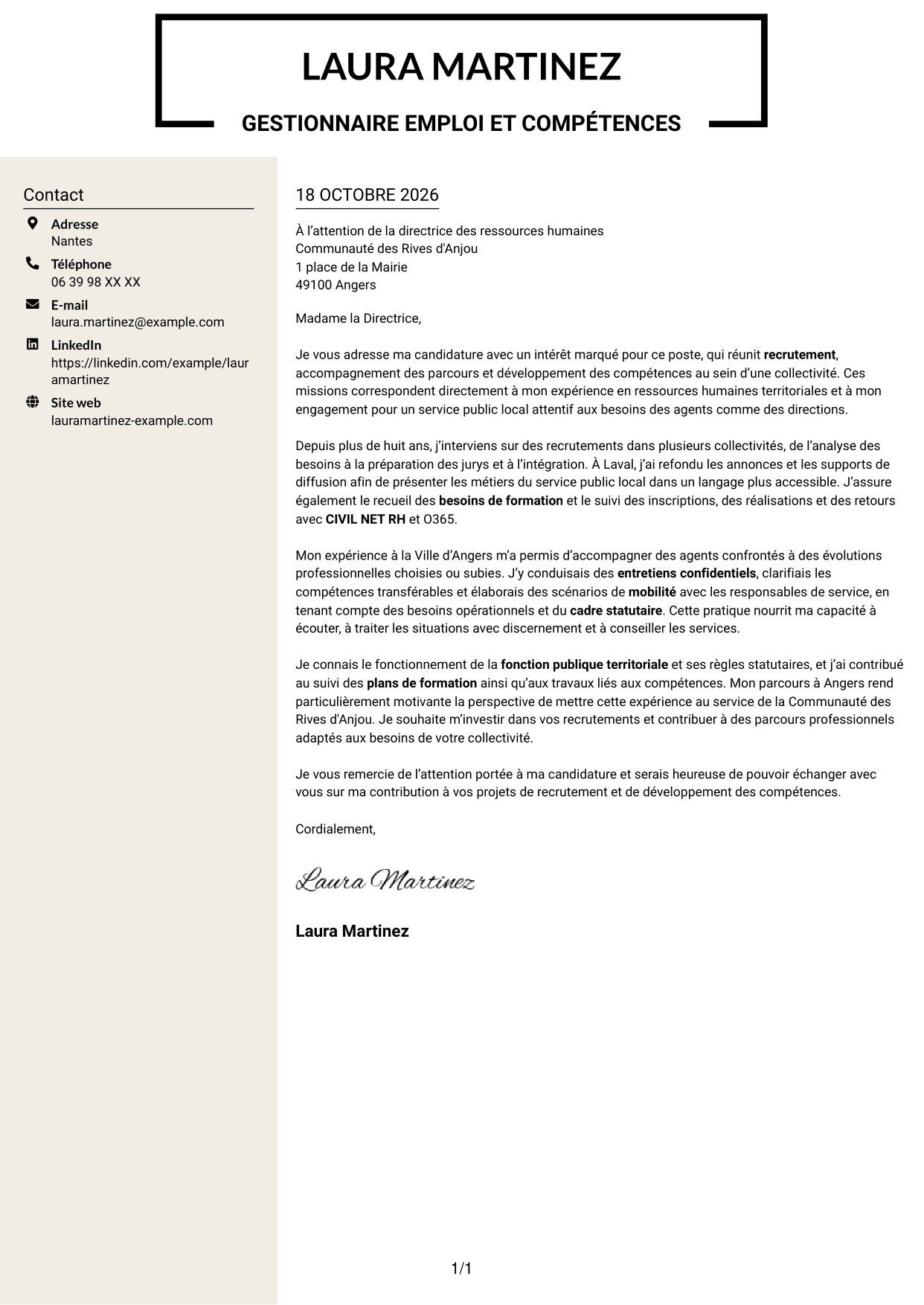 Lettre de motivation Fonceur (format à deux colonnes avec en-tête centré sans photo) : Gestionnaire emploi et compétences - Recrutement et formation, page 1