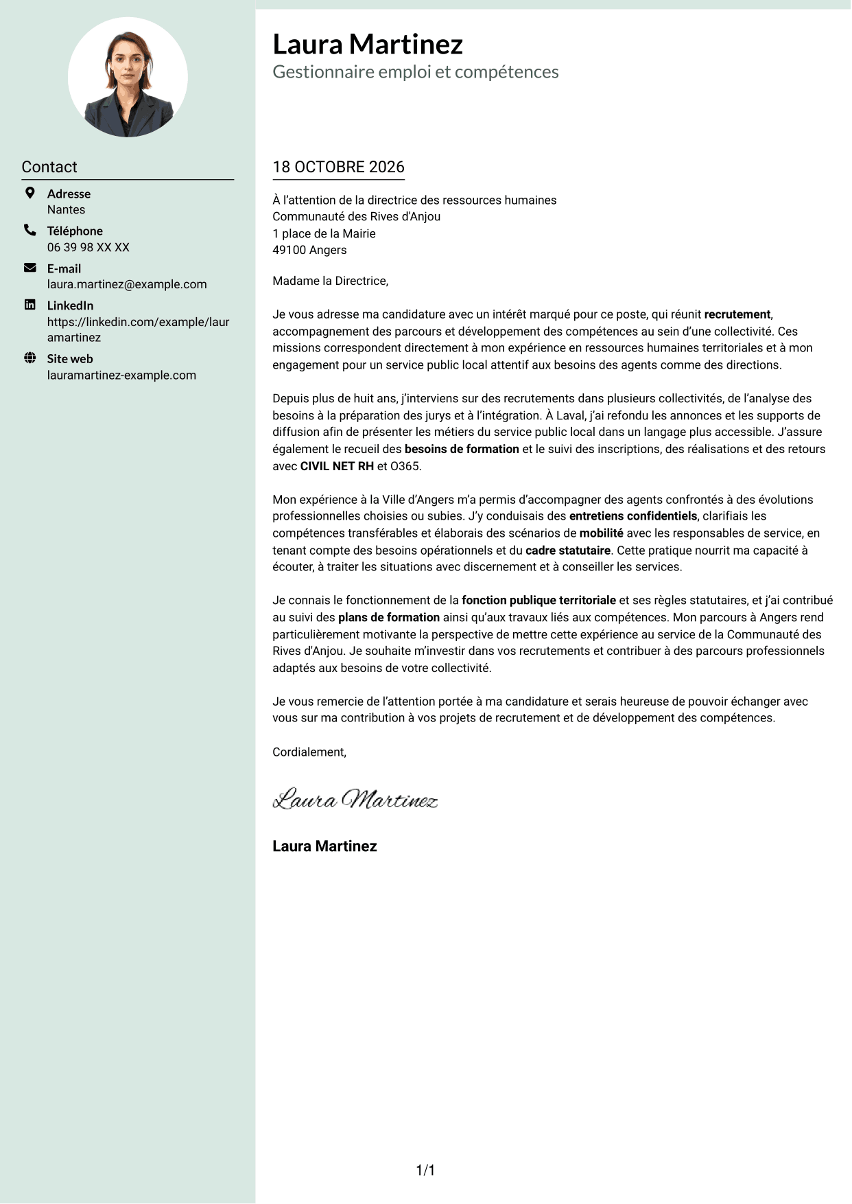 Lettre de motivation Cadre (format à colonne latérale douce avec photo arrondie) : Gestionnaire emploi et compétences - Recrutement et formation, page 1