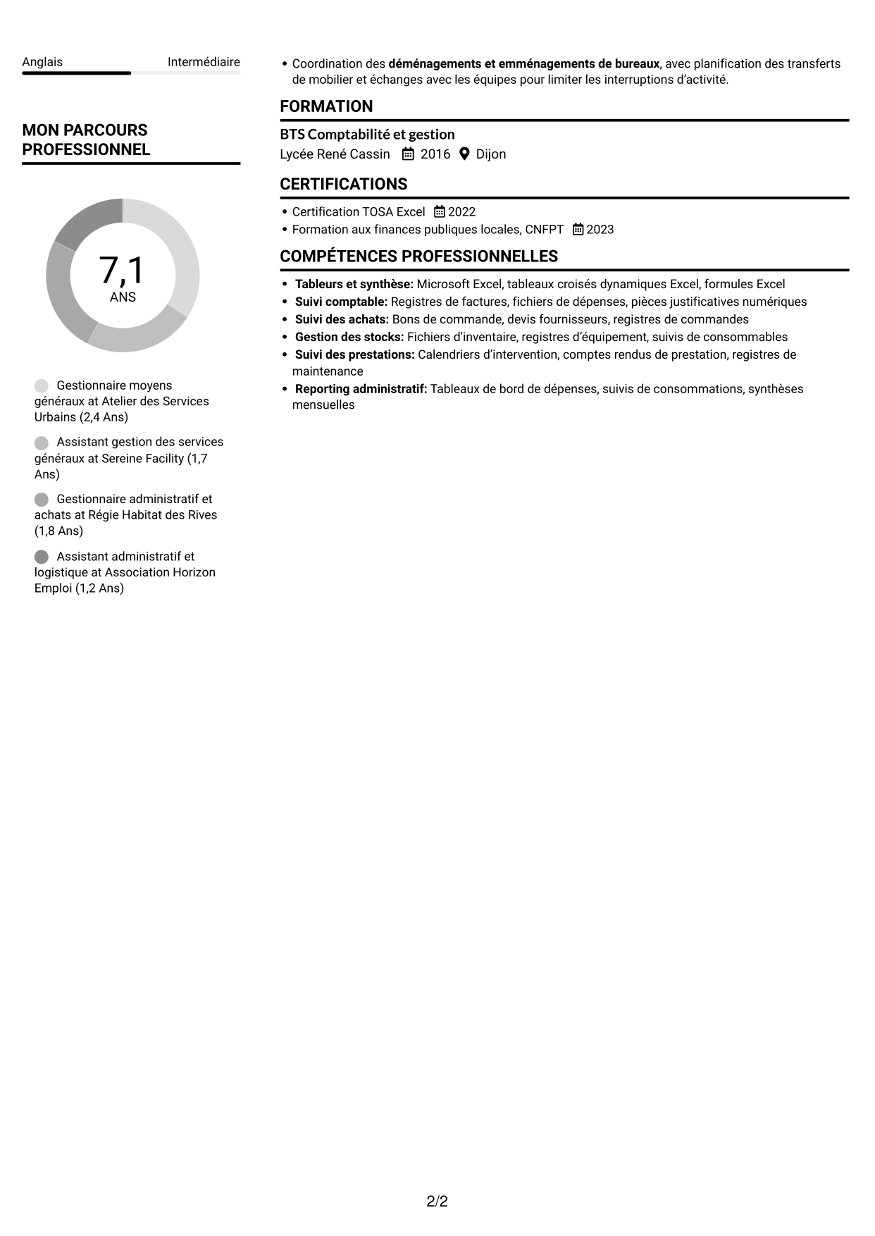 CV Compact (format sobre à deux colonnes avec photo) : Gestionnaire moyens généraux - Achats et patrimoine, page 2