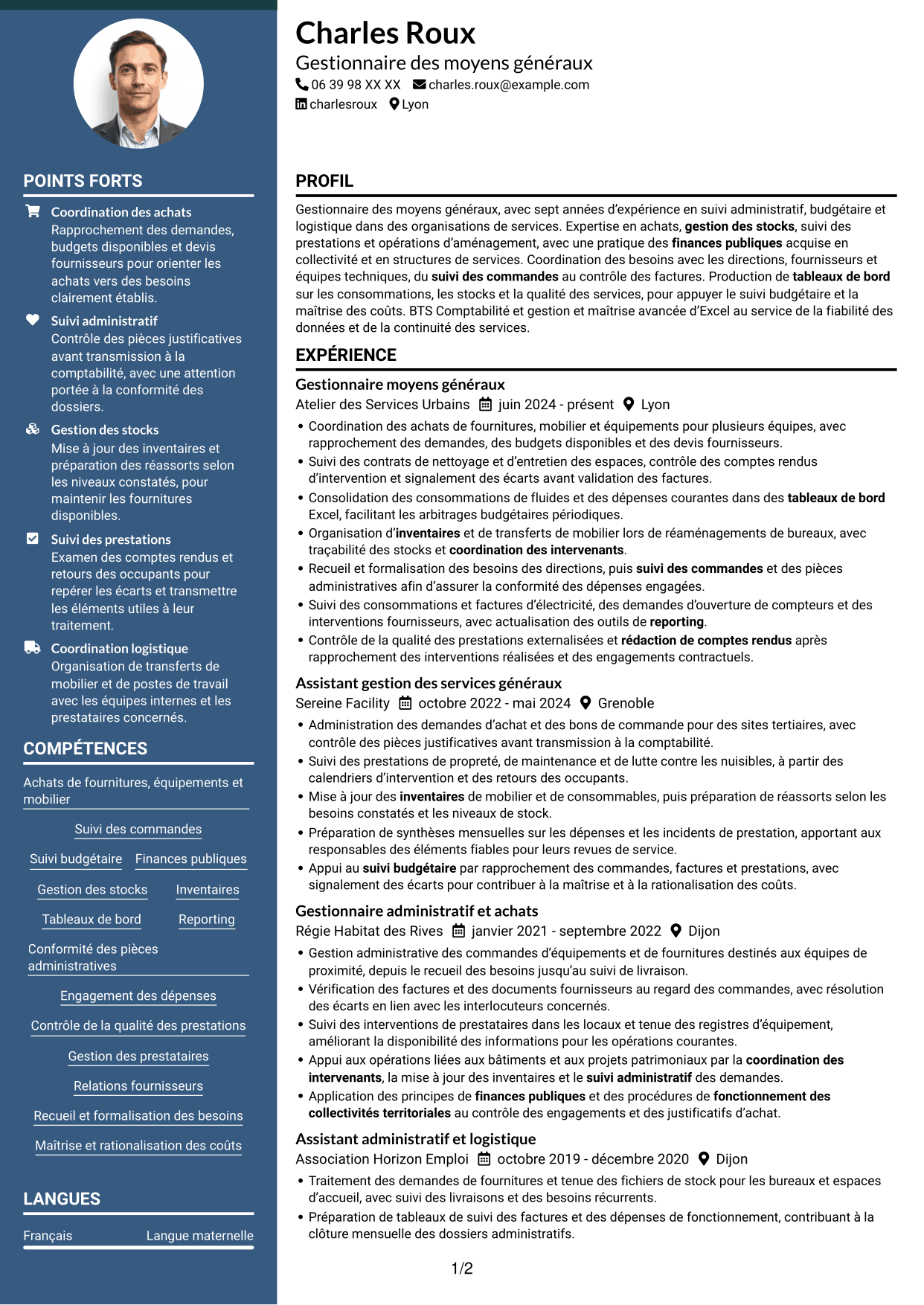 CV Élégant (format à colonne latérale colorée avec photo) : Gestionnaire moyens généraux - Achats et patrimoine, page 1