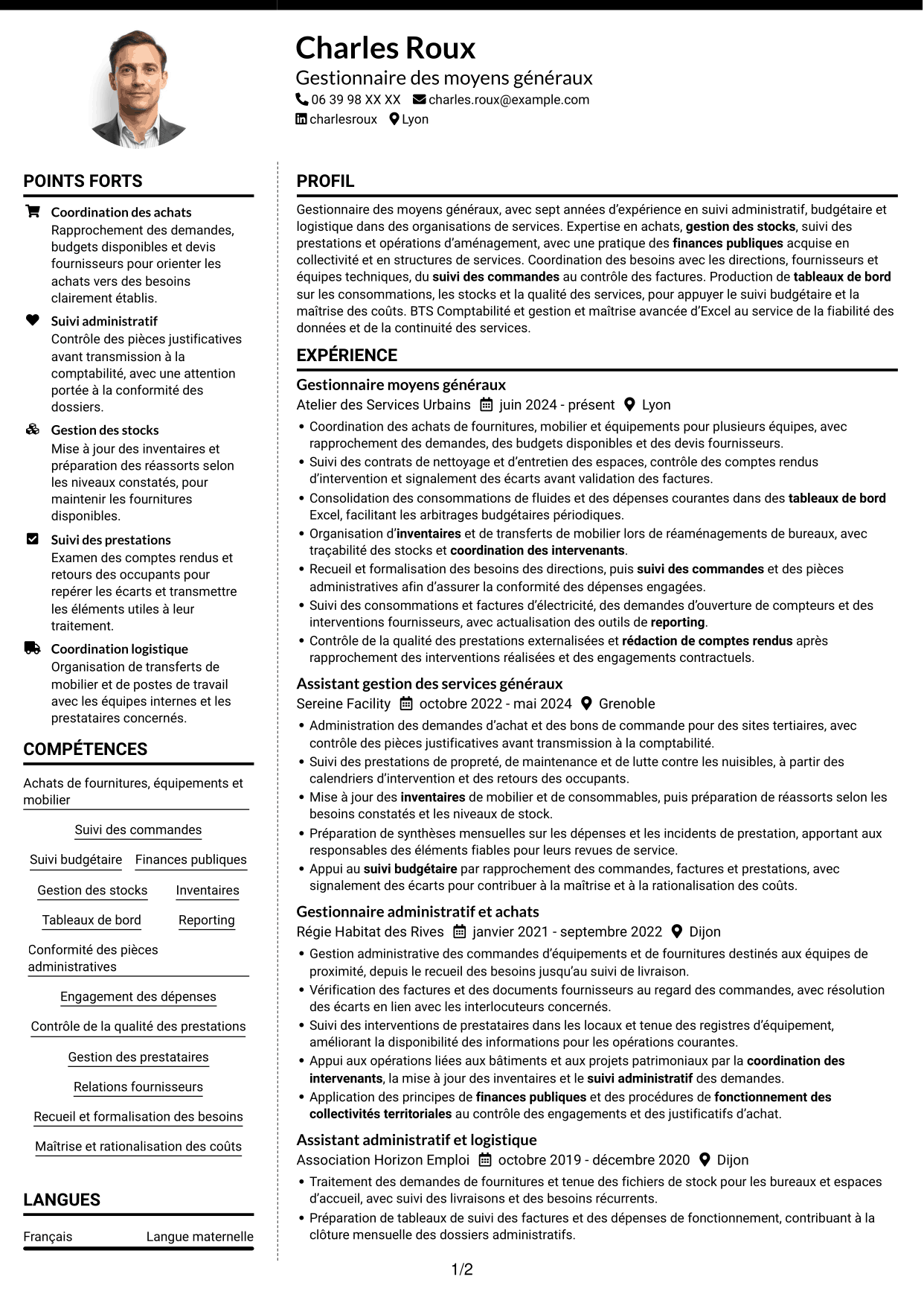 CV Moderne (format à deux colonnes avec photo à gauche et séparateur) : Gestionnaire moyens généraux - Achats et patrimoine, page 1