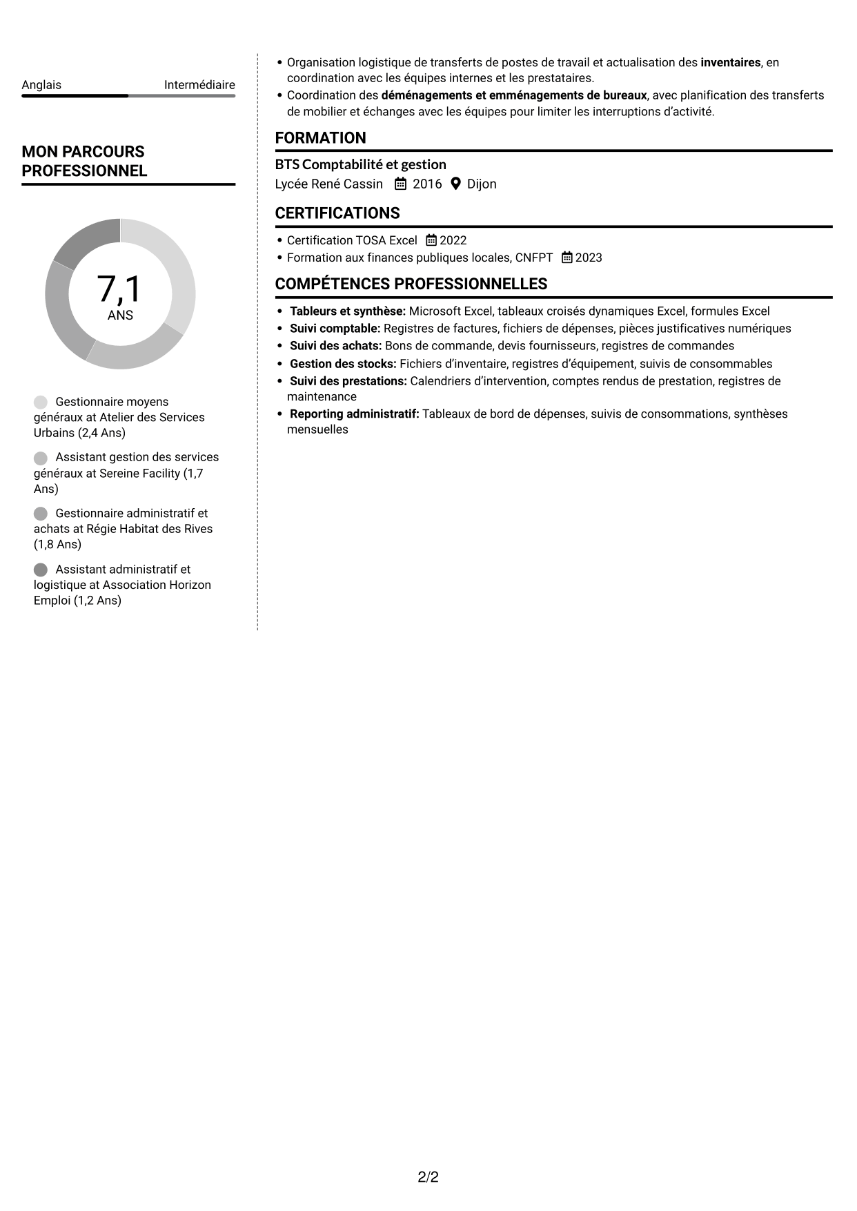 CV Moderne (format à deux colonnes avec photo à gauche et séparateur) : Gestionnaire moyens généraux - Achats et patrimoine, page 2