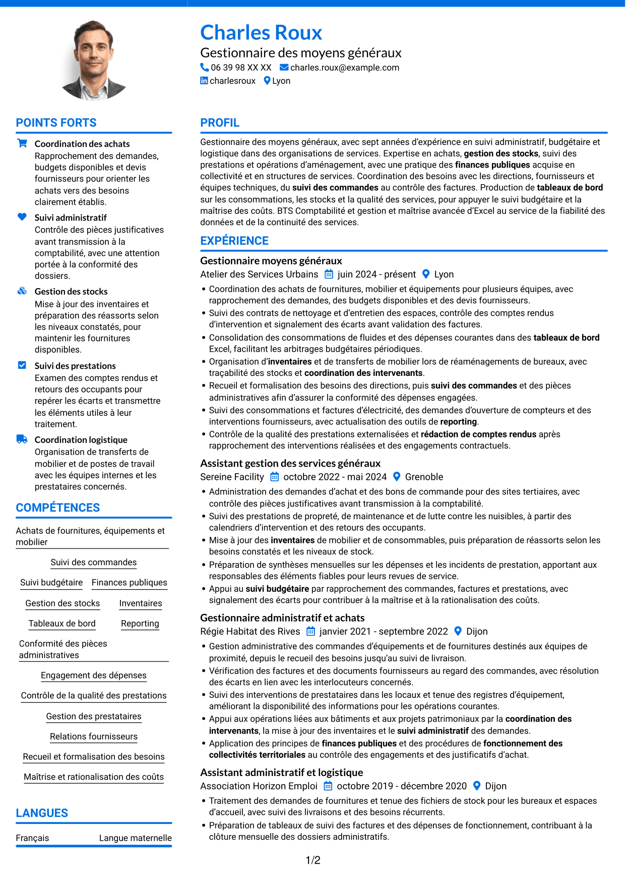 CV Audacieux (format à deux colonnes avec accents colorés et photo) : Gestionnaire moyens généraux - Achats et patrimoine, page 1
