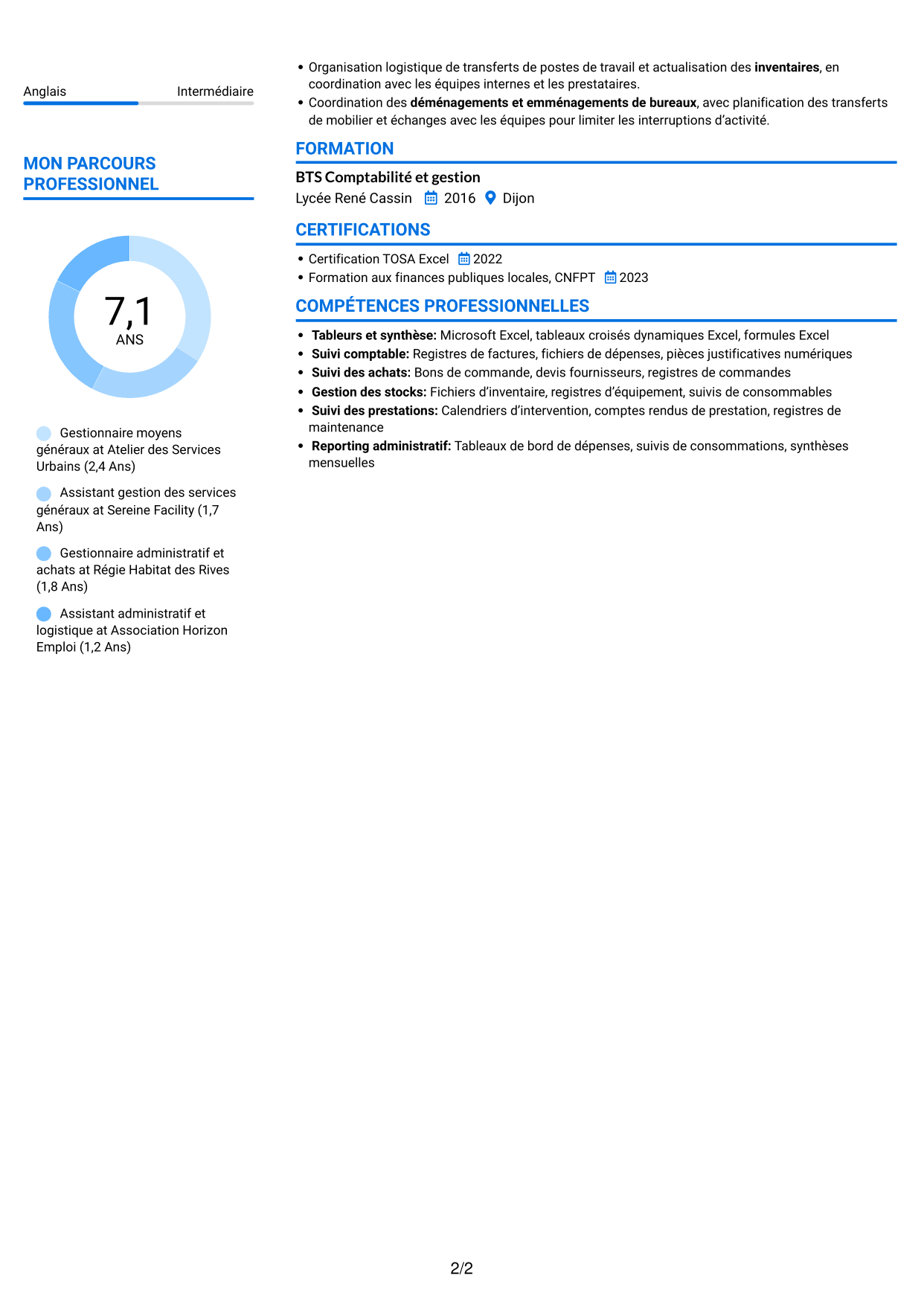 CV Audacieux (format à deux colonnes avec accents colorés et photo) : Gestionnaire moyens généraux - Achats et patrimoine, page 2