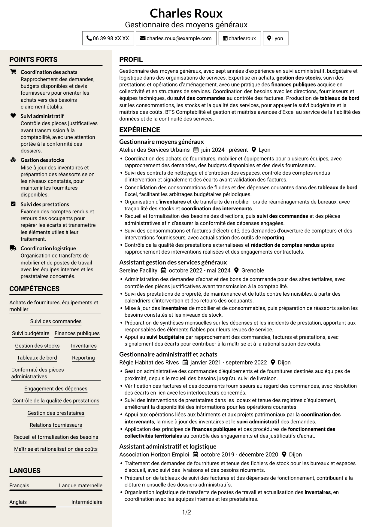 CV Fonceur (format à deux colonnes avec en-tête centré sans photo) : Gestionnaire moyens généraux - Achats et patrimoine, page 1