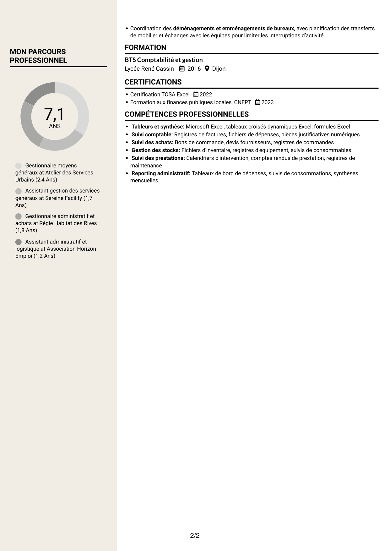 CV Fonceur (format à deux colonnes avec en-tête centré sans photo) : Gestionnaire moyens généraux - Achats et patrimoine, page 2