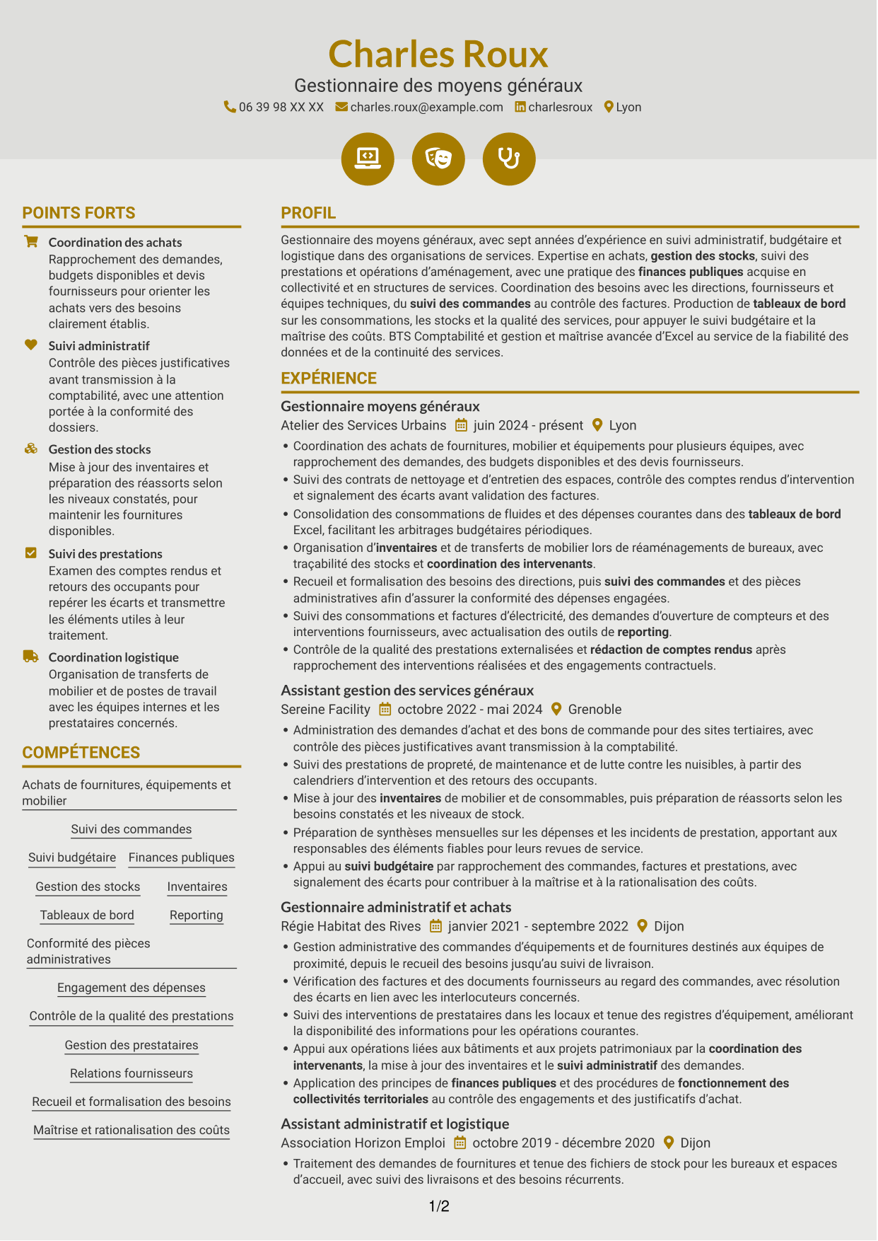CV Dynamique (format à deux colonnes avec icônes) : Gestionnaire moyens généraux - Achats et patrimoine, page 1