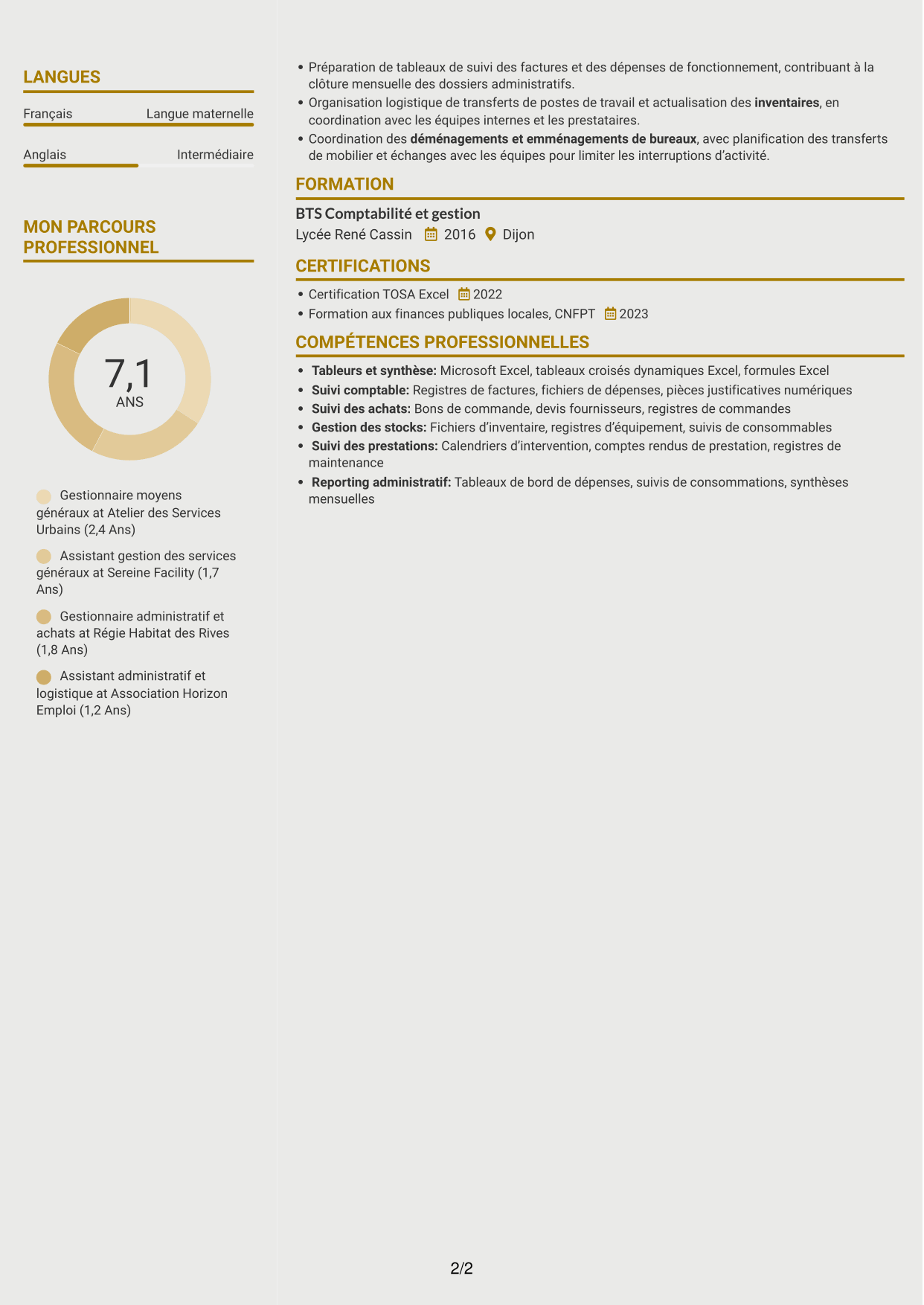 CV Dynamique (format à deux colonnes avec icônes) : Gestionnaire moyens généraux - Achats et patrimoine, page 2