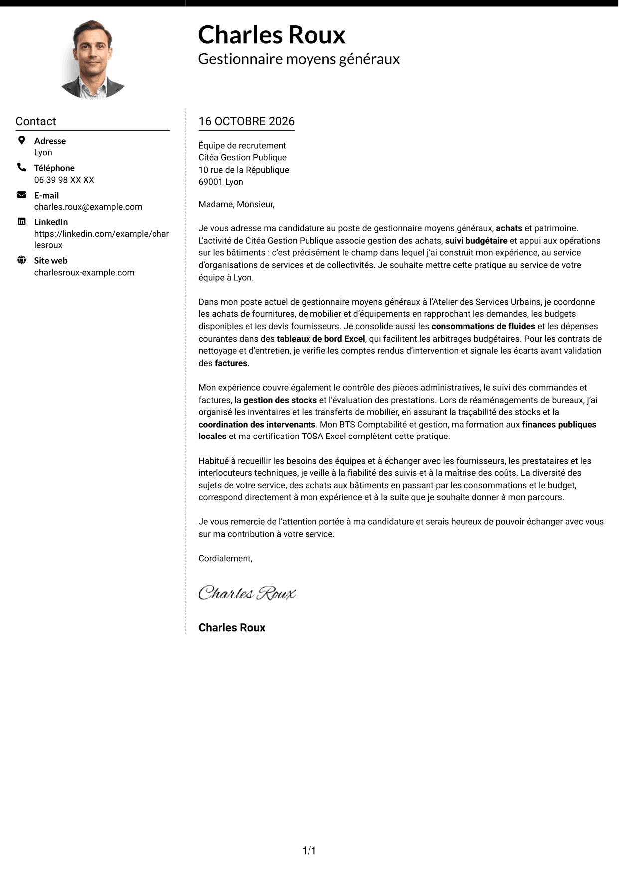 Lettre de motivation Moderne (format à deux colonnes avec photo à gauche et séparateur) : Gestionnaire moyens généraux - Achats et patrimoine, page 1