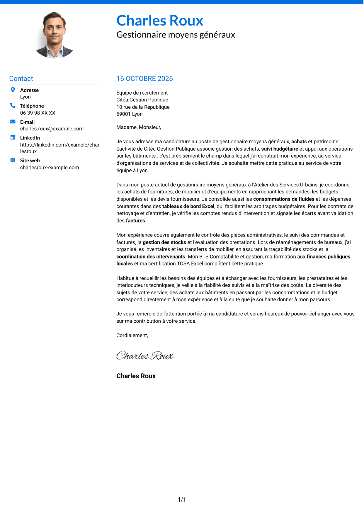 Lettre de motivation Audacieux (format à deux colonnes avec accents colorés et photo) : Gestionnaire moyens généraux - Achats et patrimoine, page 1