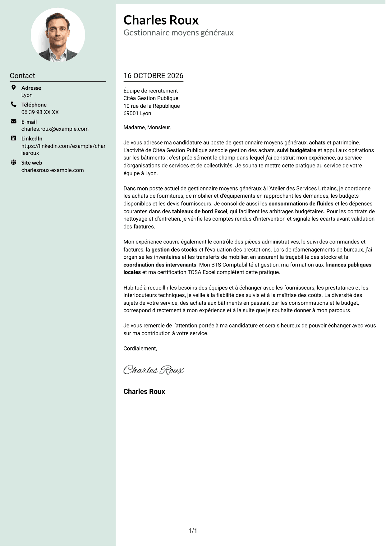 Lettre de motivation Cadre (format à colonne latérale douce avec photo arrondie) : Gestionnaire moyens généraux - Achats et patrimoine, page 1