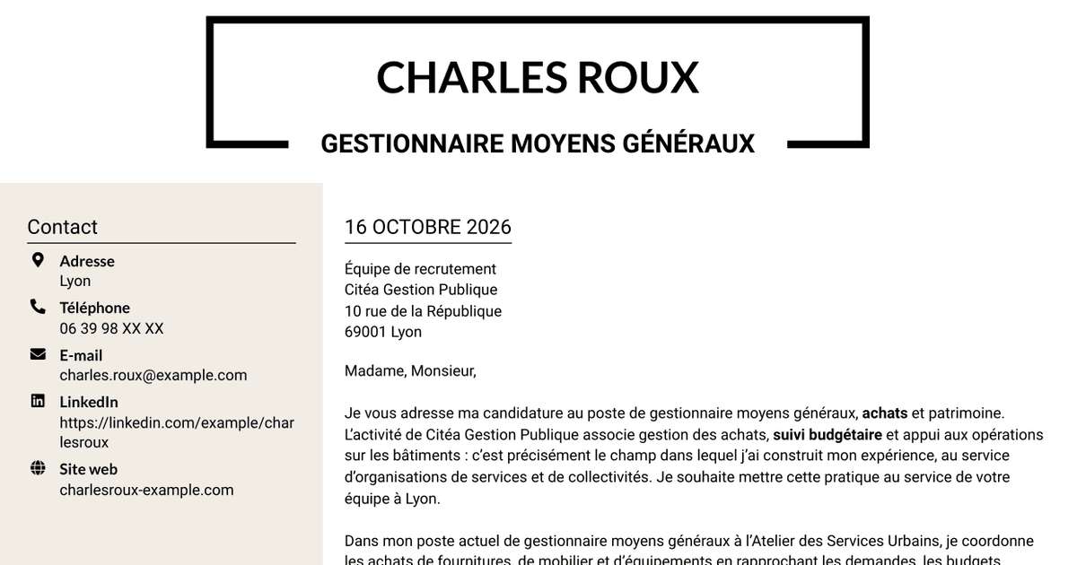 7 modèles de lettre de motivation pour Gestionnaire moyens généraux - Achats et patrimoine, avec exemples