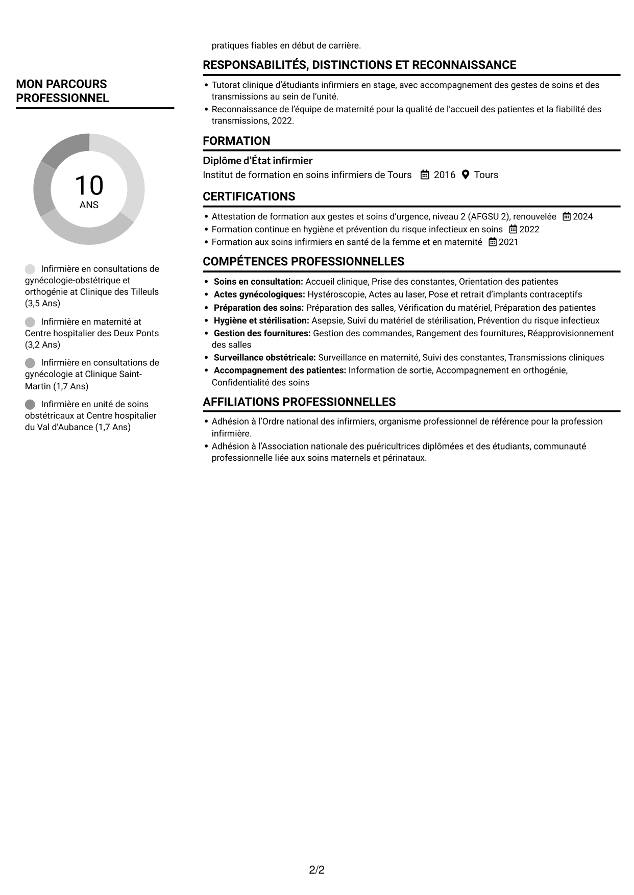 CV Compact (format sobre à deux colonnes avec photo) : Infirmière en consultations de gynécologie-obstétrique et orthogénie, page 2