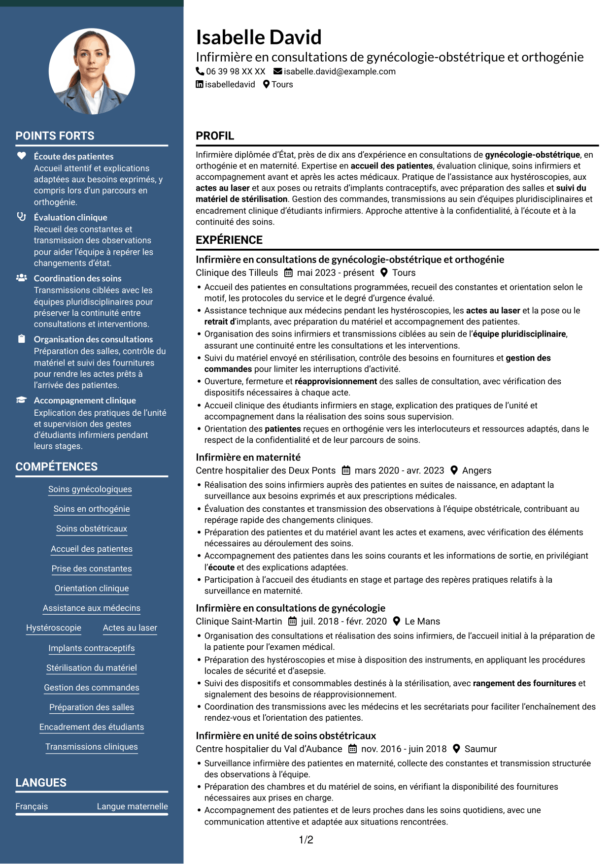CV Élégant (format à colonne latérale colorée avec photo) : Infirmière en consultations de gynécologie-obstétrique et orthogénie, page 1