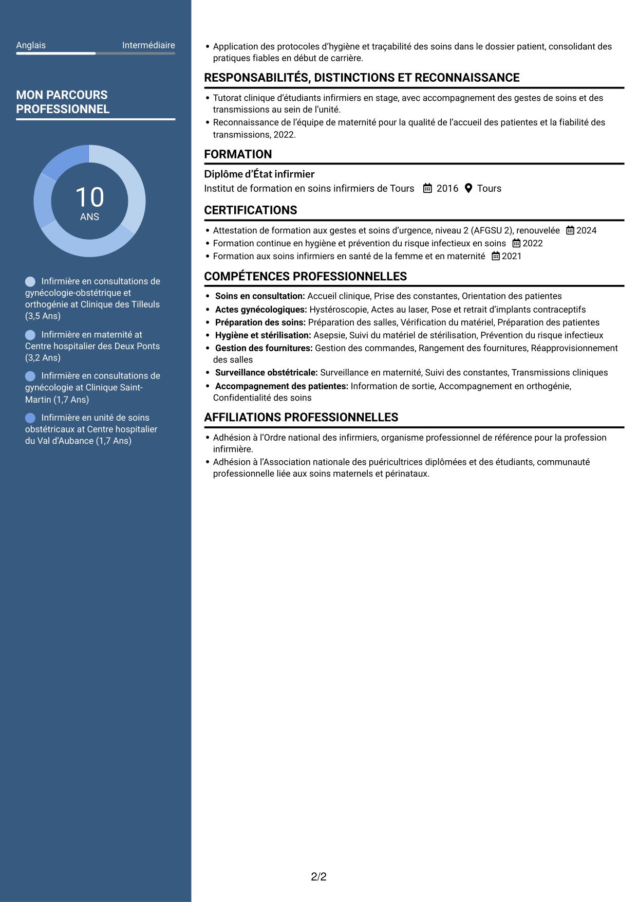 CV Élégant (format à colonne latérale colorée avec photo) : Infirmière en consultations de gynécologie-obstétrique et orthogénie, page 2