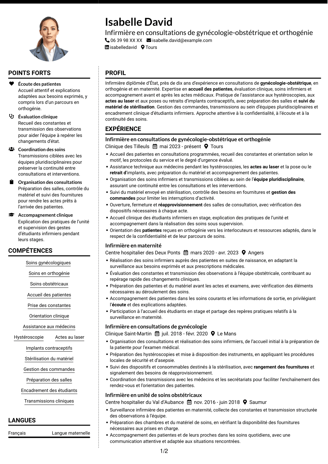 CV Moderne (format à deux colonnes avec photo à gauche et séparateur) : Infirmière en consultations de gynécologie-obstétrique et orthogénie, page 1