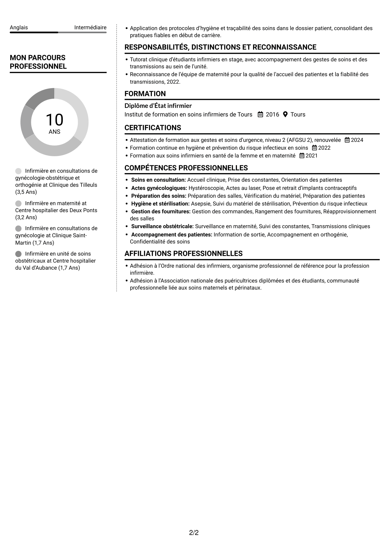 CV Moderne (format à deux colonnes avec photo à gauche et séparateur) : Infirmière en consultations de gynécologie-obstétrique et orthogénie, page 2